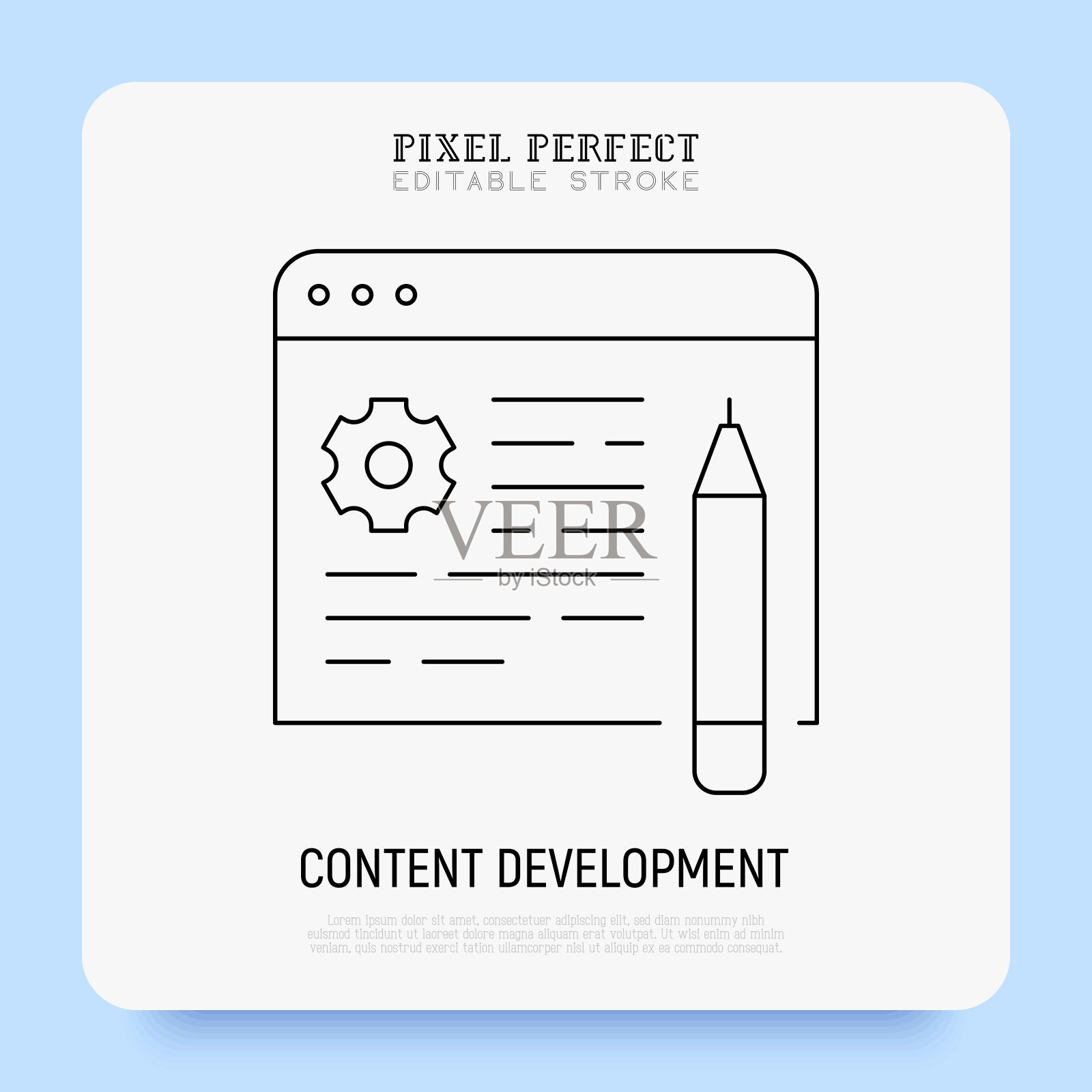 内容开发细线图标。SEO，网站优化，网络营销。像素完美，可编辑的笔触。矢量插图。插画图片素材