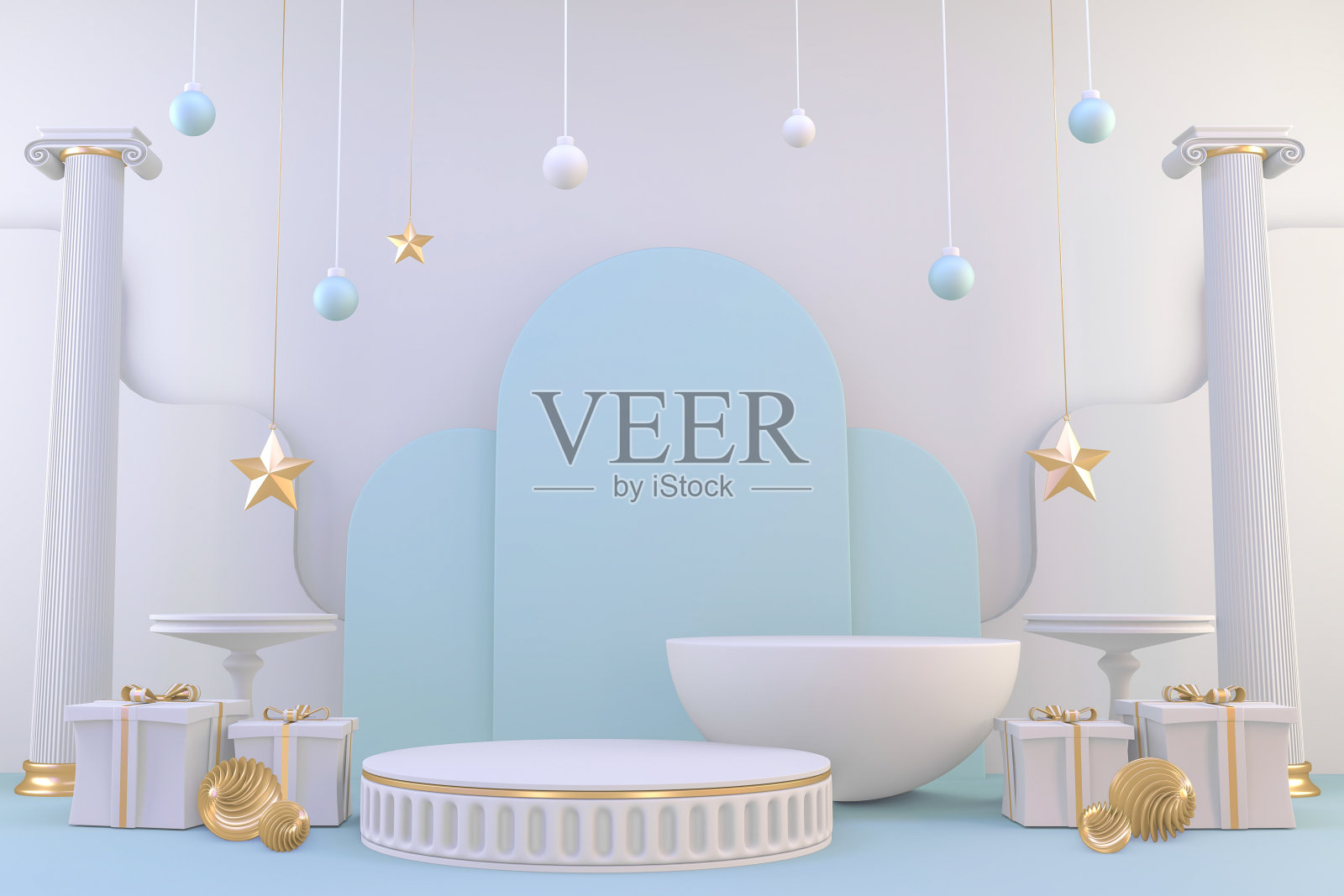 现代白色和青色裙台空白空间的化妆品。三维渲染照片摄影图片