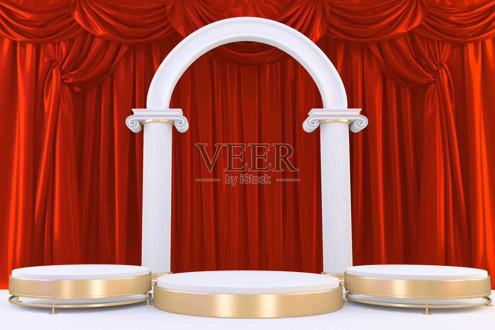 红色背景下的金色讲台。三维渲染照片摄影图片