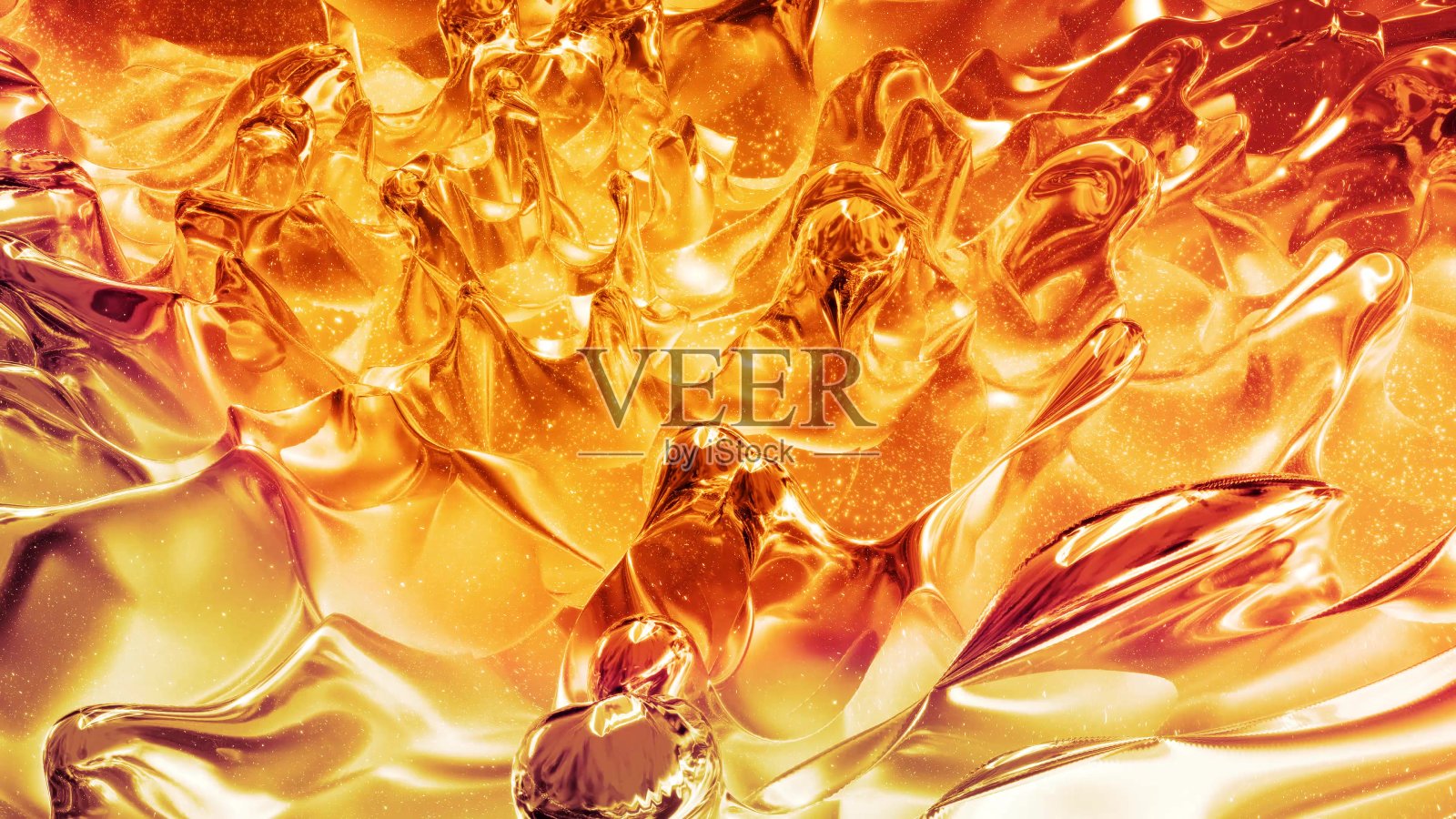 抽象背景与波浪形闪闪发光的金色液体图案在光泽的表面。粘稠的黄色液体，如金箔或明亮的玻璃表面。美丽的创意节日背景。三维渲染照片摄影图片