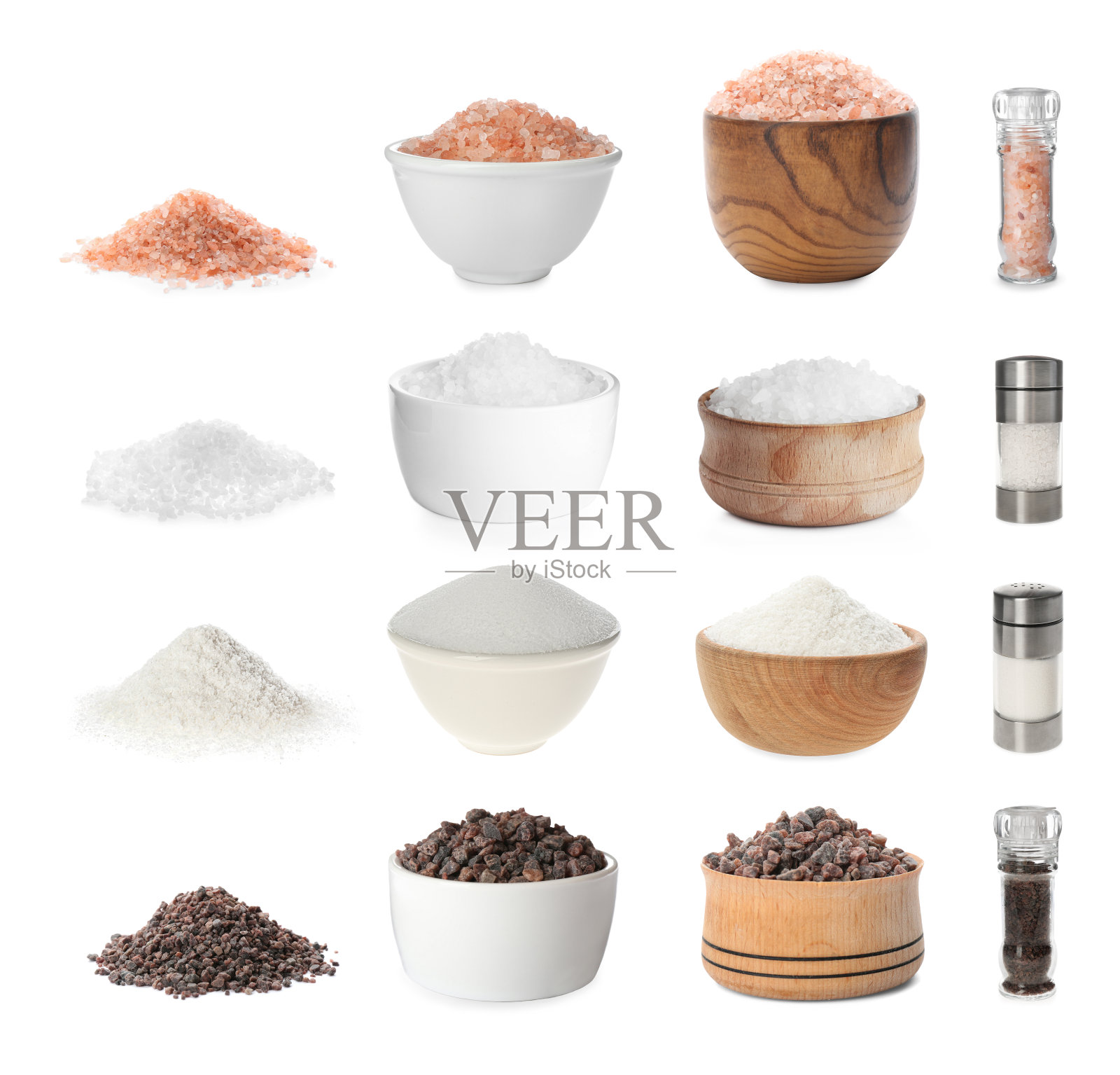 设置不同种类的盐在白色背景照片摄影图片