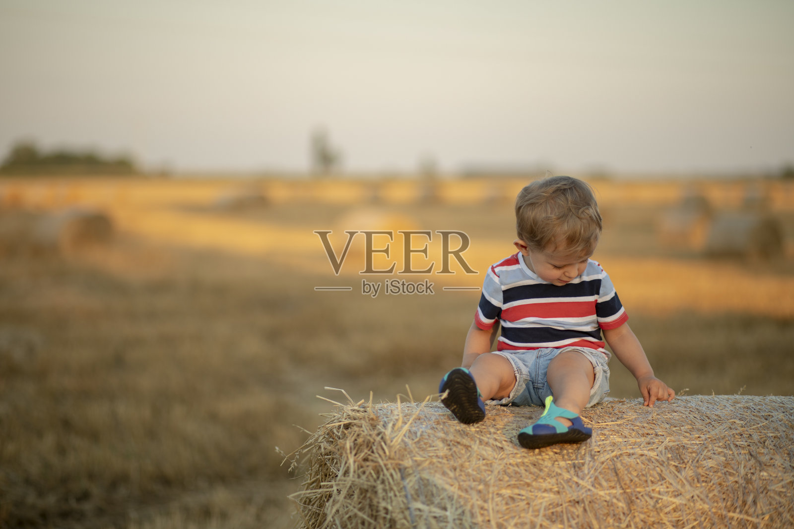 孩子坐在一捆干草上照片摄影图片