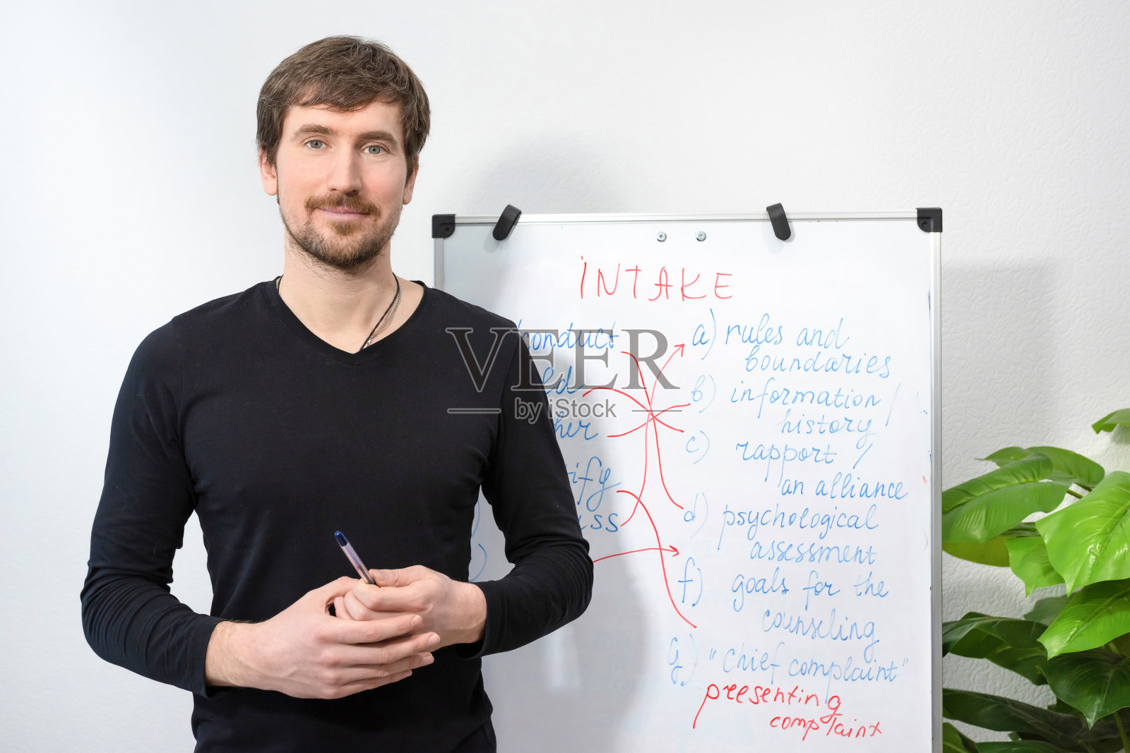 一名男英语老师为学生开设在线课程。一位年轻的老师在挂图上展示一个新主题。在线培训，教育理念照片摄影图片