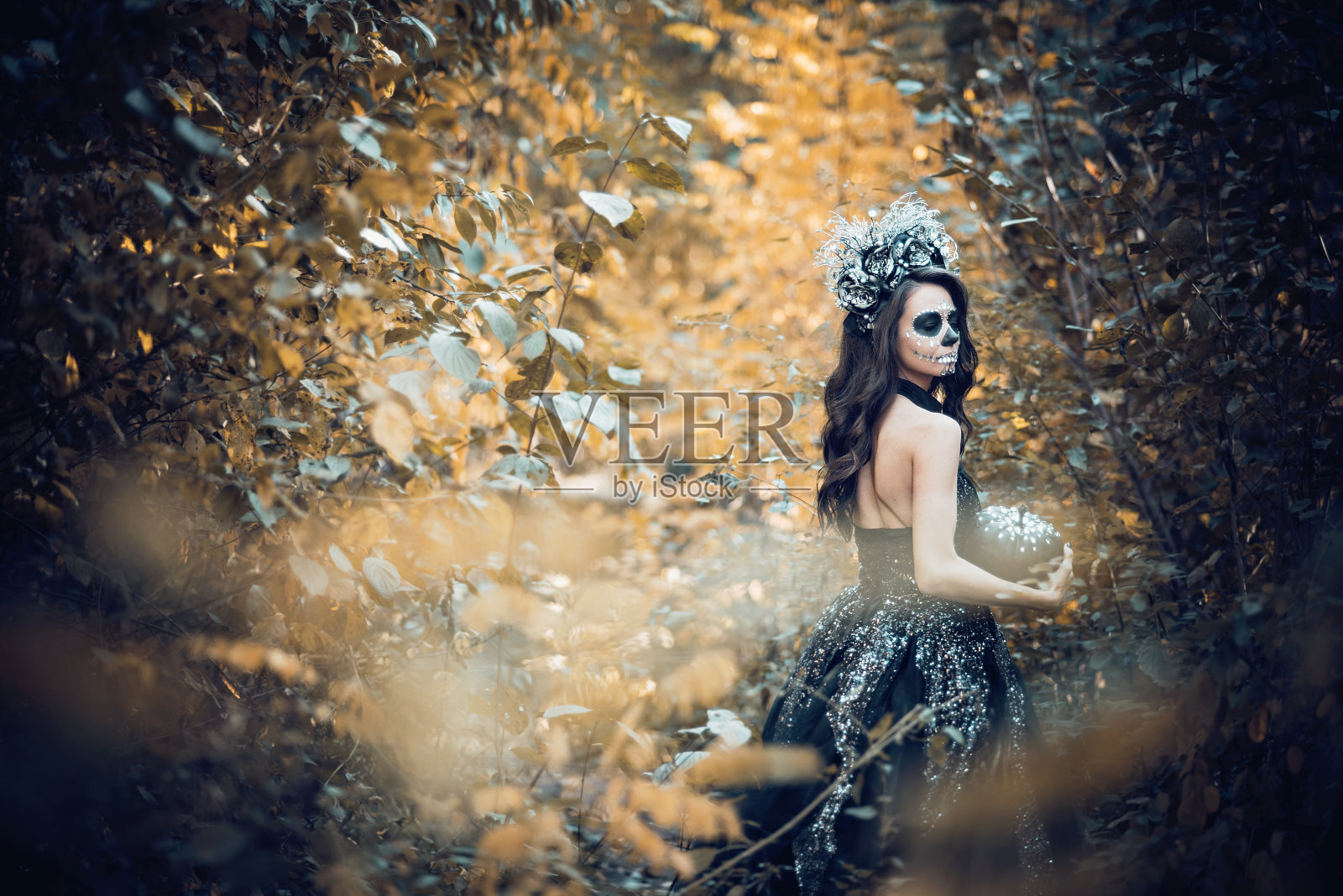 卡拉维拉卡特里纳的特写肖像在黑色的裙子。糖头骨化妆。死亡之路。亡灵节。万圣节照片摄影图片