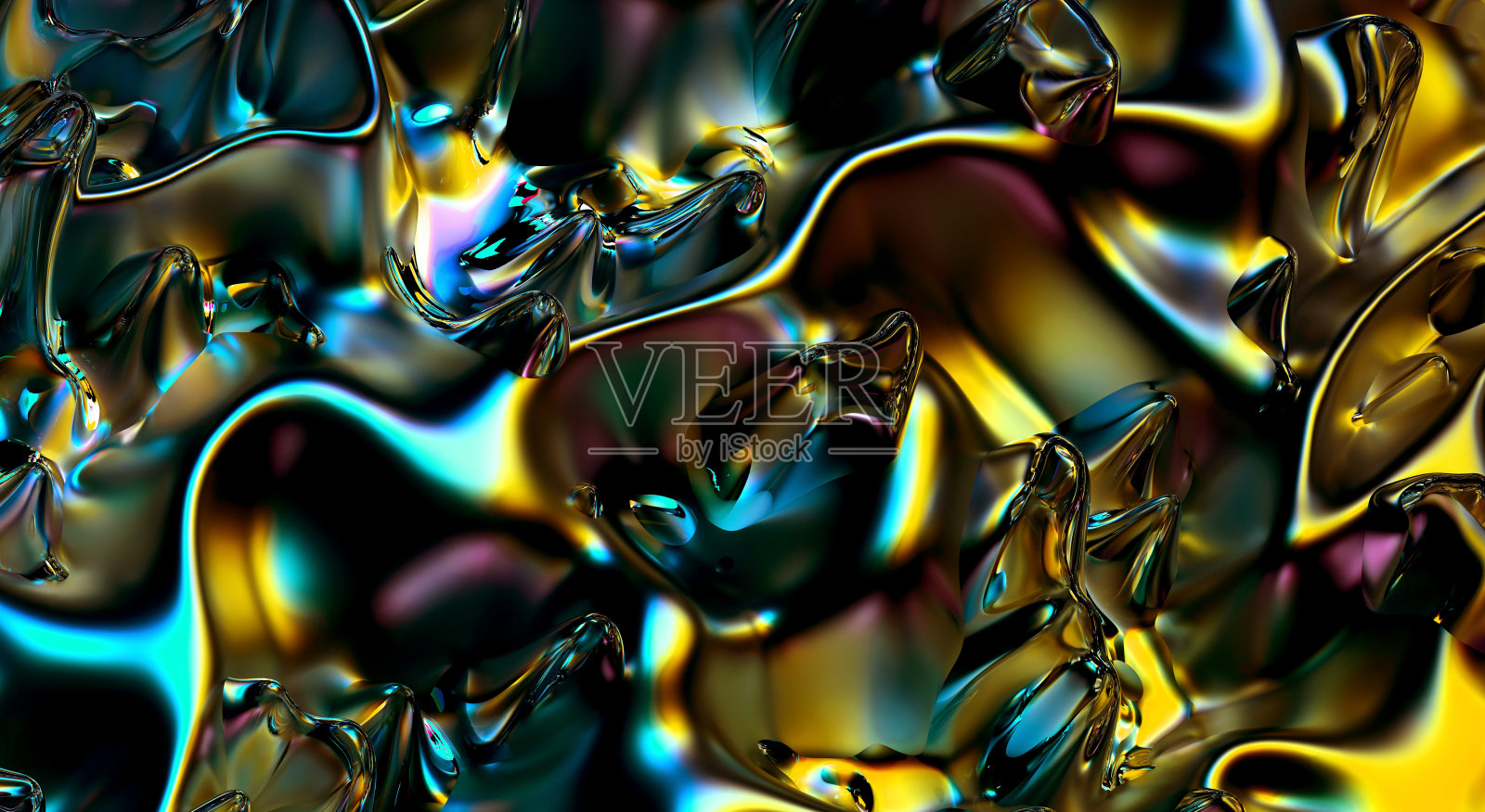 三维渲染的抽象艺术三维背景与超现实景观在有机曲线波形线形成液态哑光铝金属材料与玻璃零件在黄蓝色和紫色梯度霓虹灯颜色照片摄影图片