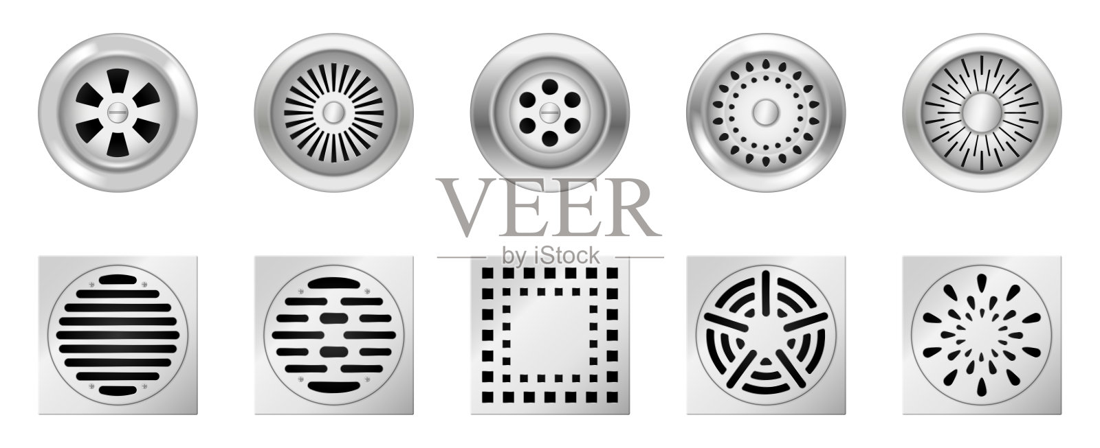 真实的金属排水格栅。一套方形圆形排水管人孔与钢格栅用于淋浴池插画图片素材