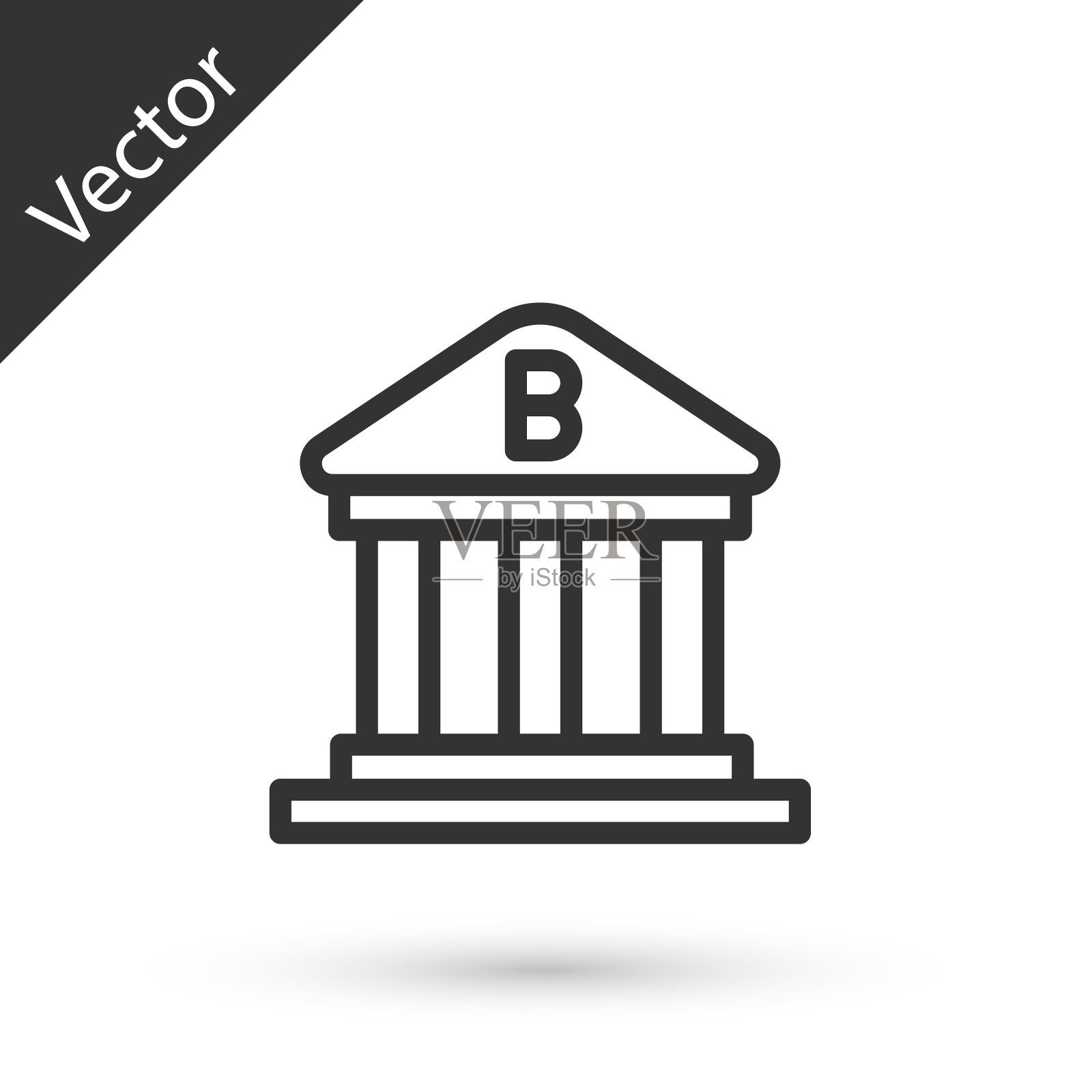 灰色线银行大楼图标孤立在白色背景上。向量图标素材
