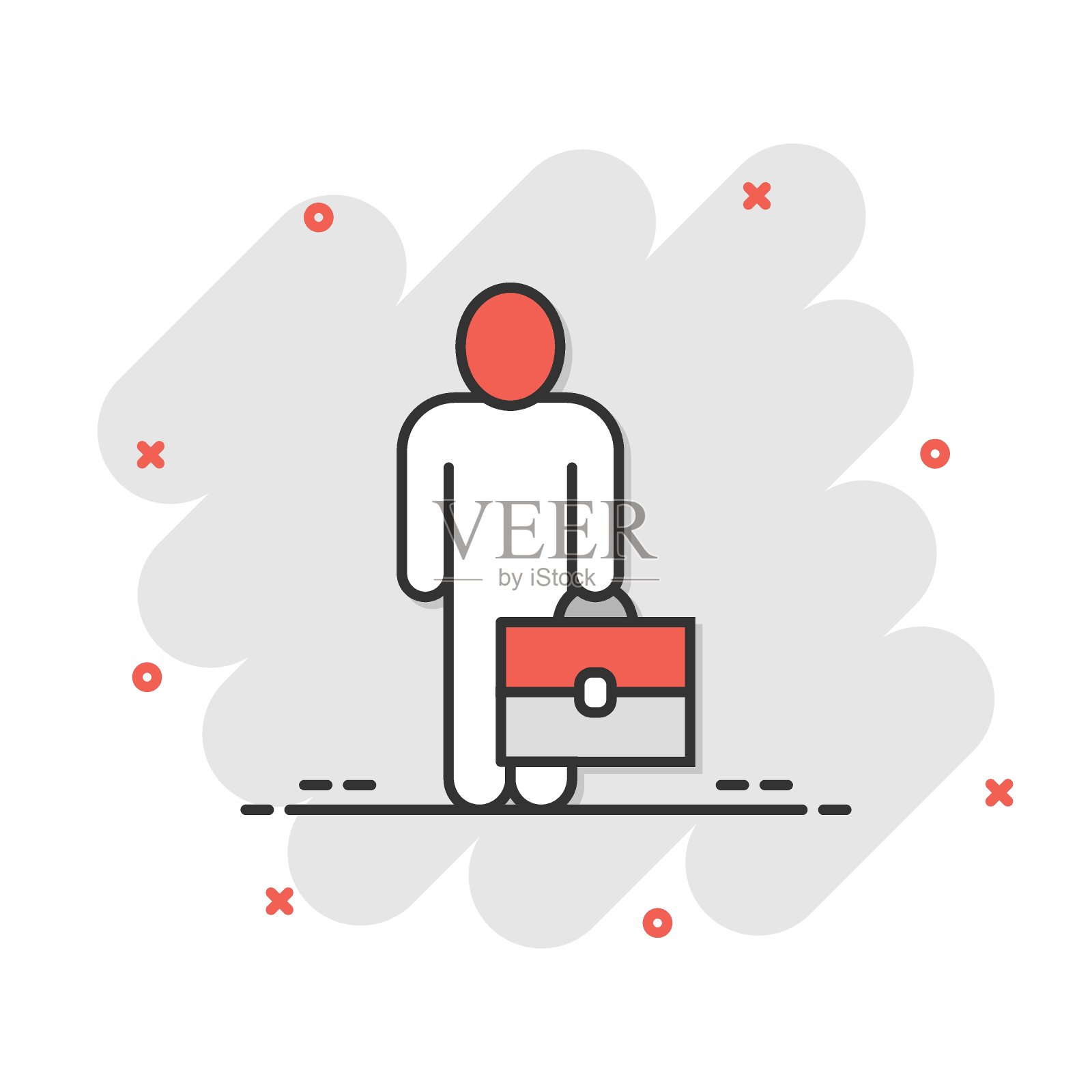 商人与公文包图标在漫画风格。人经理卡通矢量插图上白色孤立的背景。员工飞溅效应的经营理念。插画图片素材