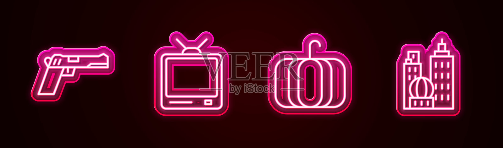 设定线手枪或枪，复古电视，南瓜和城市景观。发光的霓虹灯图标。向量图标素材