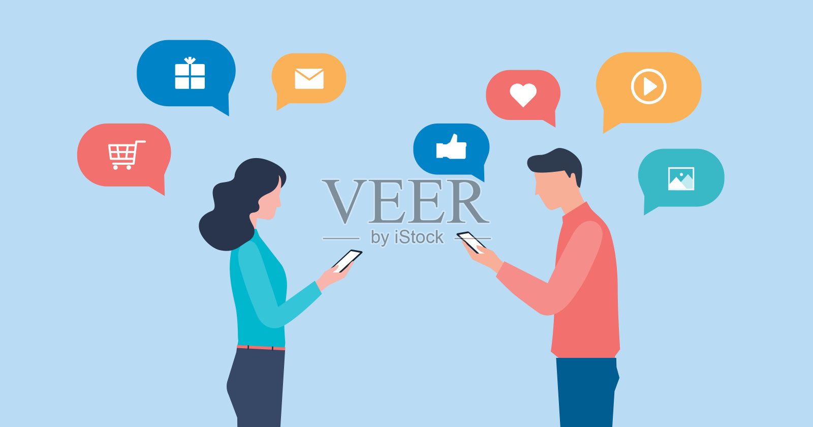 平面矢量插画人们使用移动应用进行商业在线交流的概念插画图片素材