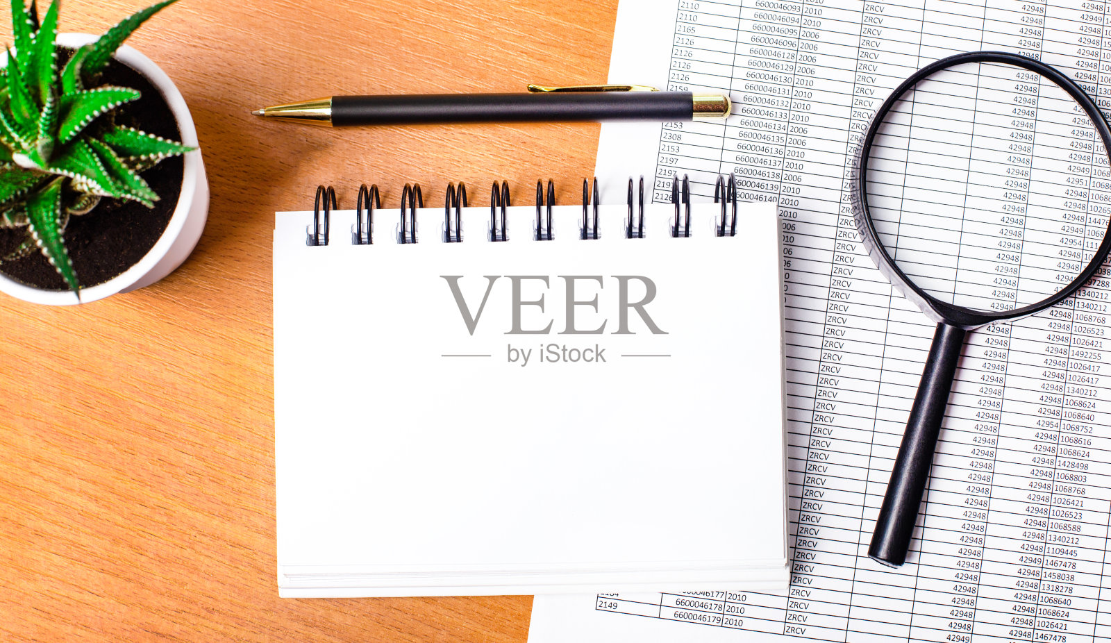 木桌上放着报告、一盆植物、一个放大镜、一支黑色钢笔和一个空白笔记本，笔记本上有可以插入文字的地方。模板。经营理念照片摄影图片