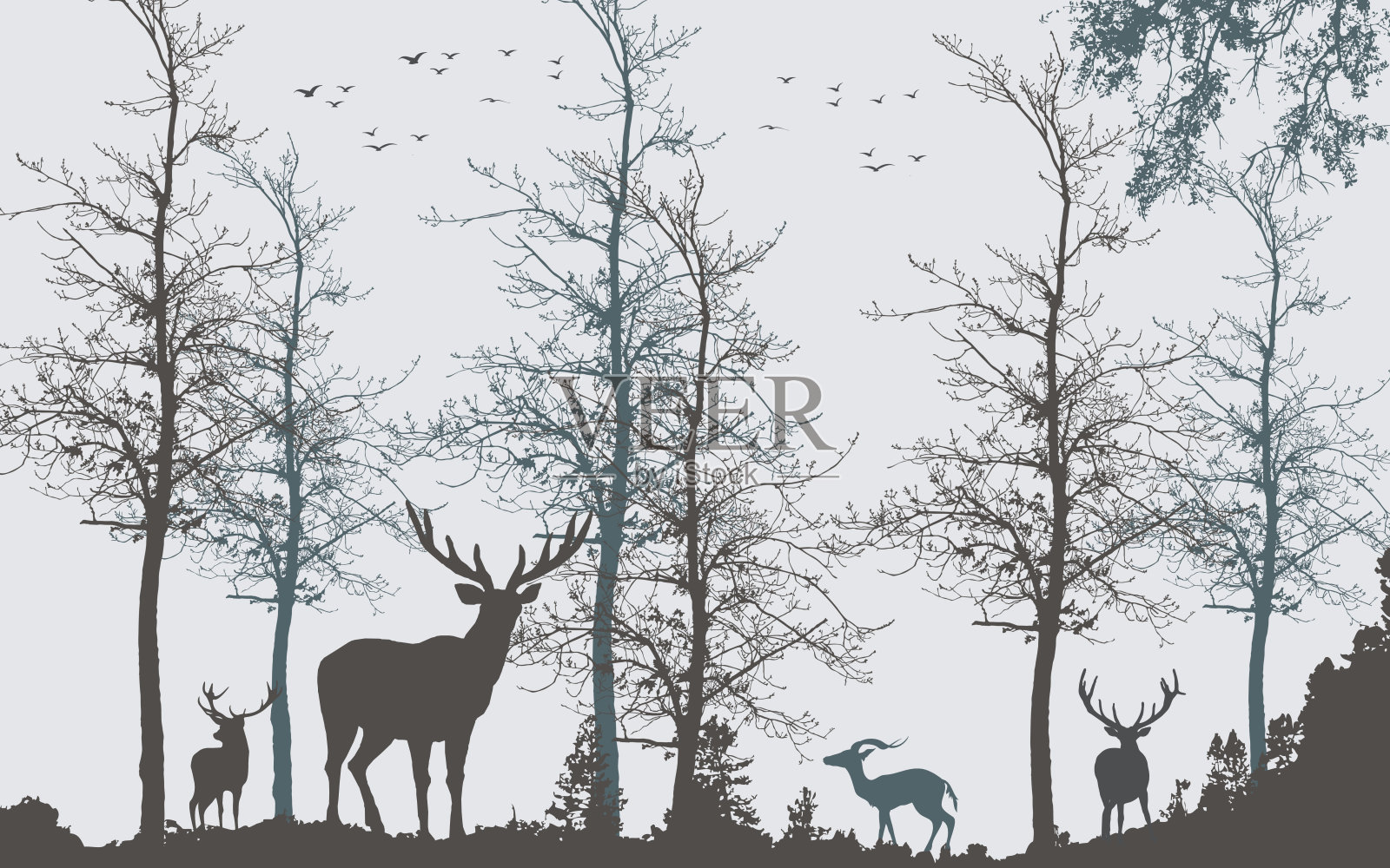 3d壁画插图景观森林树墙纸。鸟类、鹿和有着简单现代背景的山脉插画图片素材