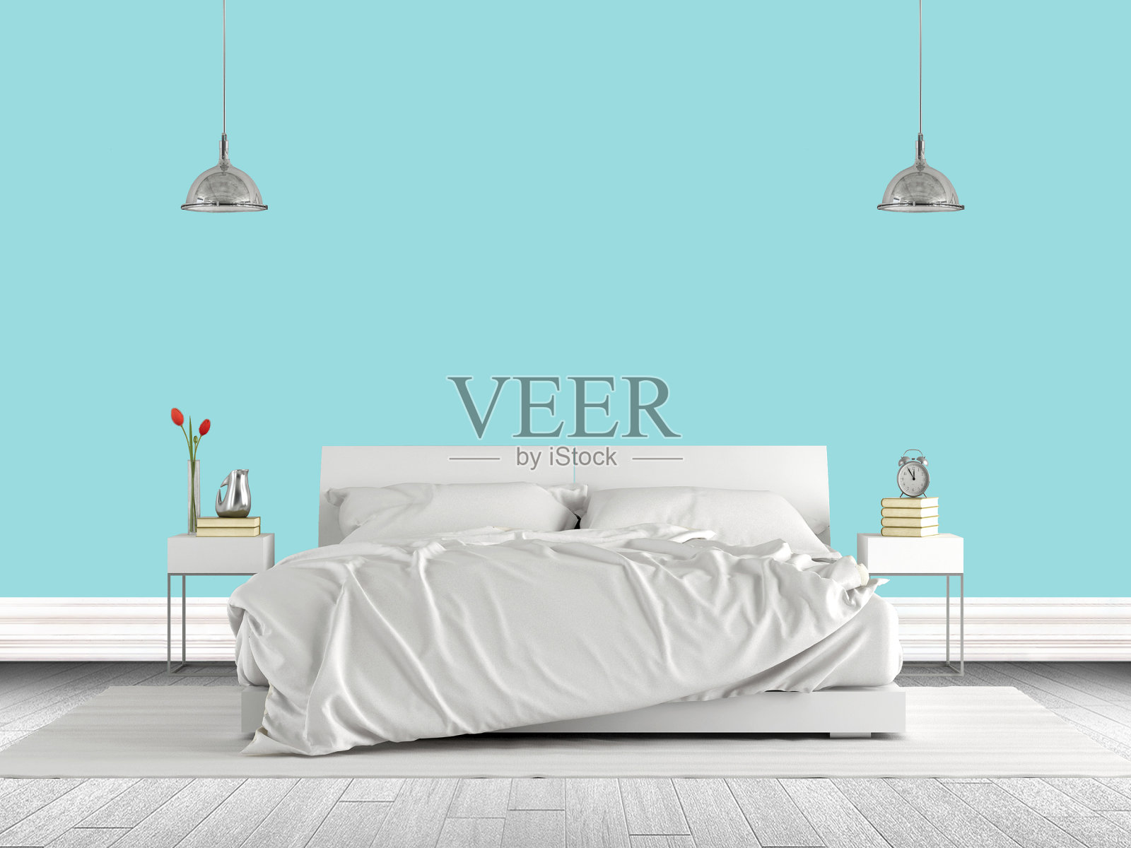 极简主义的主卧室与双人床对抗明亮的蓝色墙壁- 3d渲染照片摄影图片