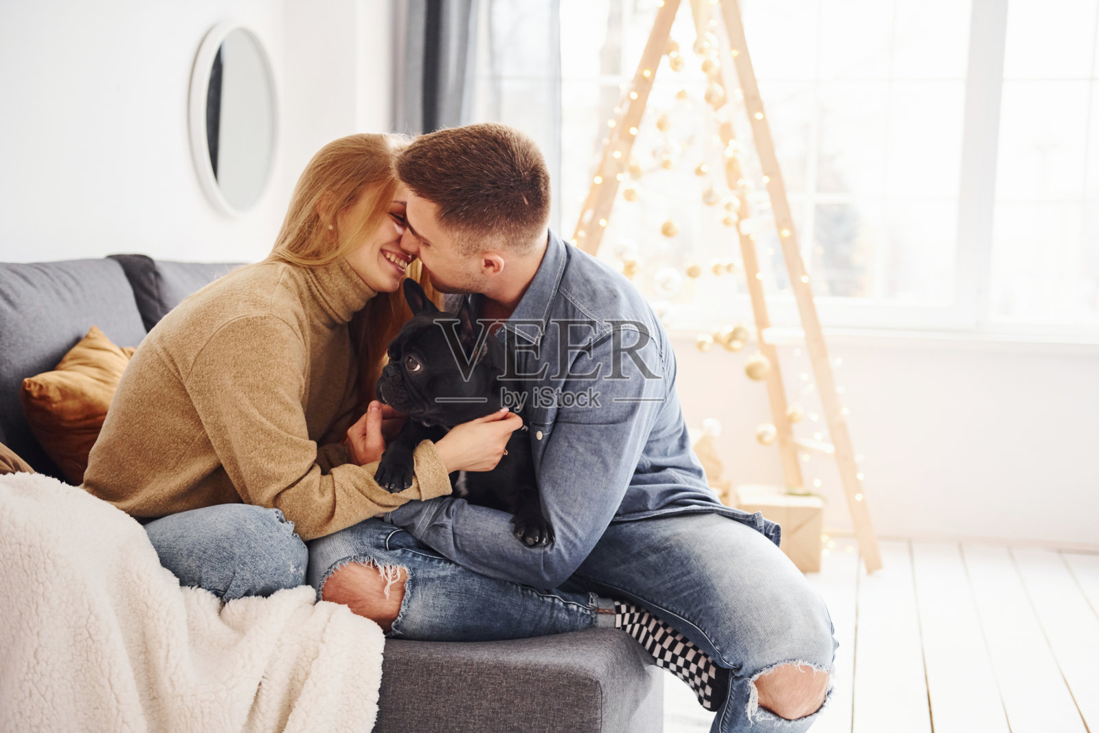 幸福的年轻现代夫妇坐在家里的沙发上圣诞树和他们的可爱的狗照片摄影图片