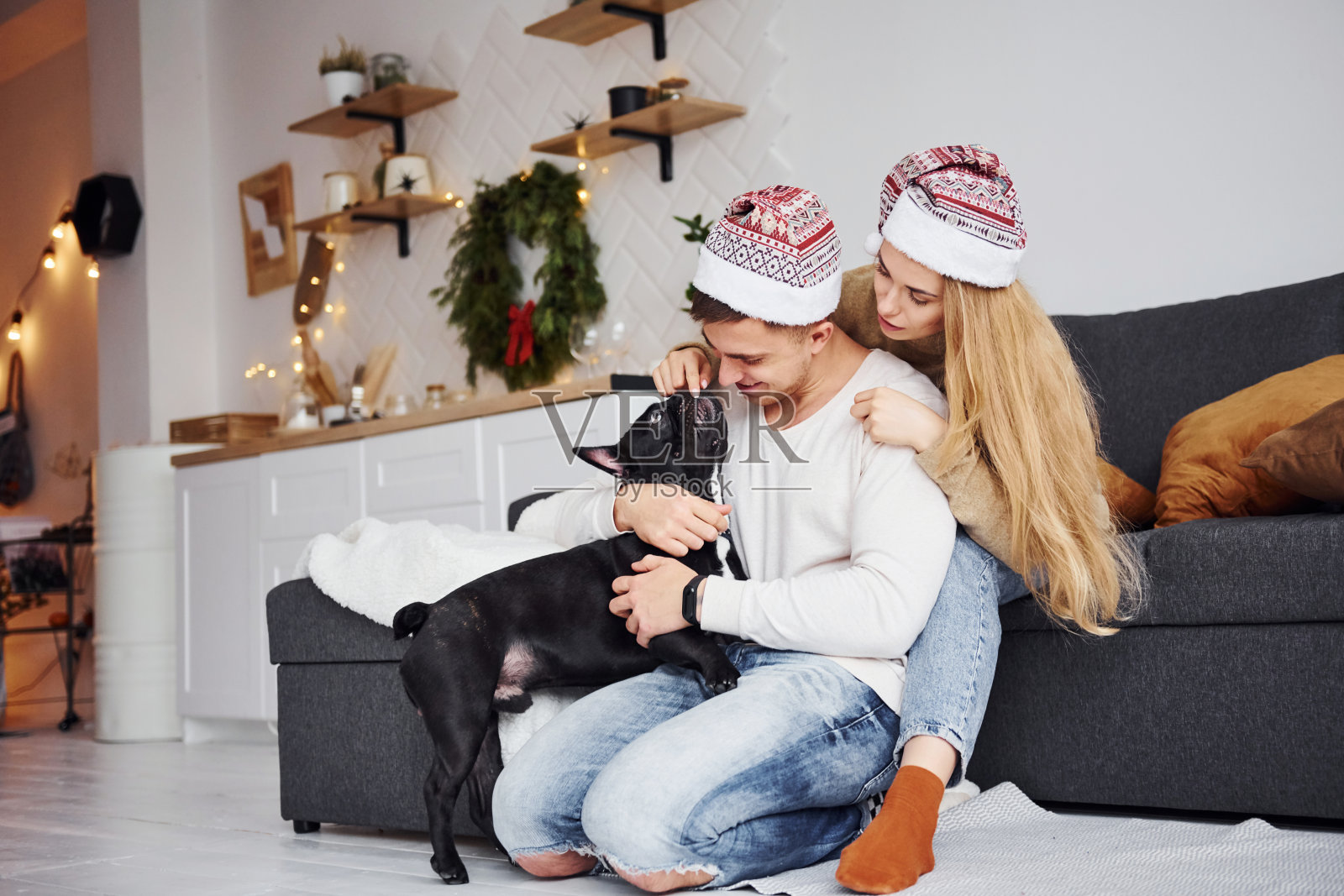 一对幸福的年轻现代夫妇和他们可爱的狗坐在家里的沙发上照片摄影图片