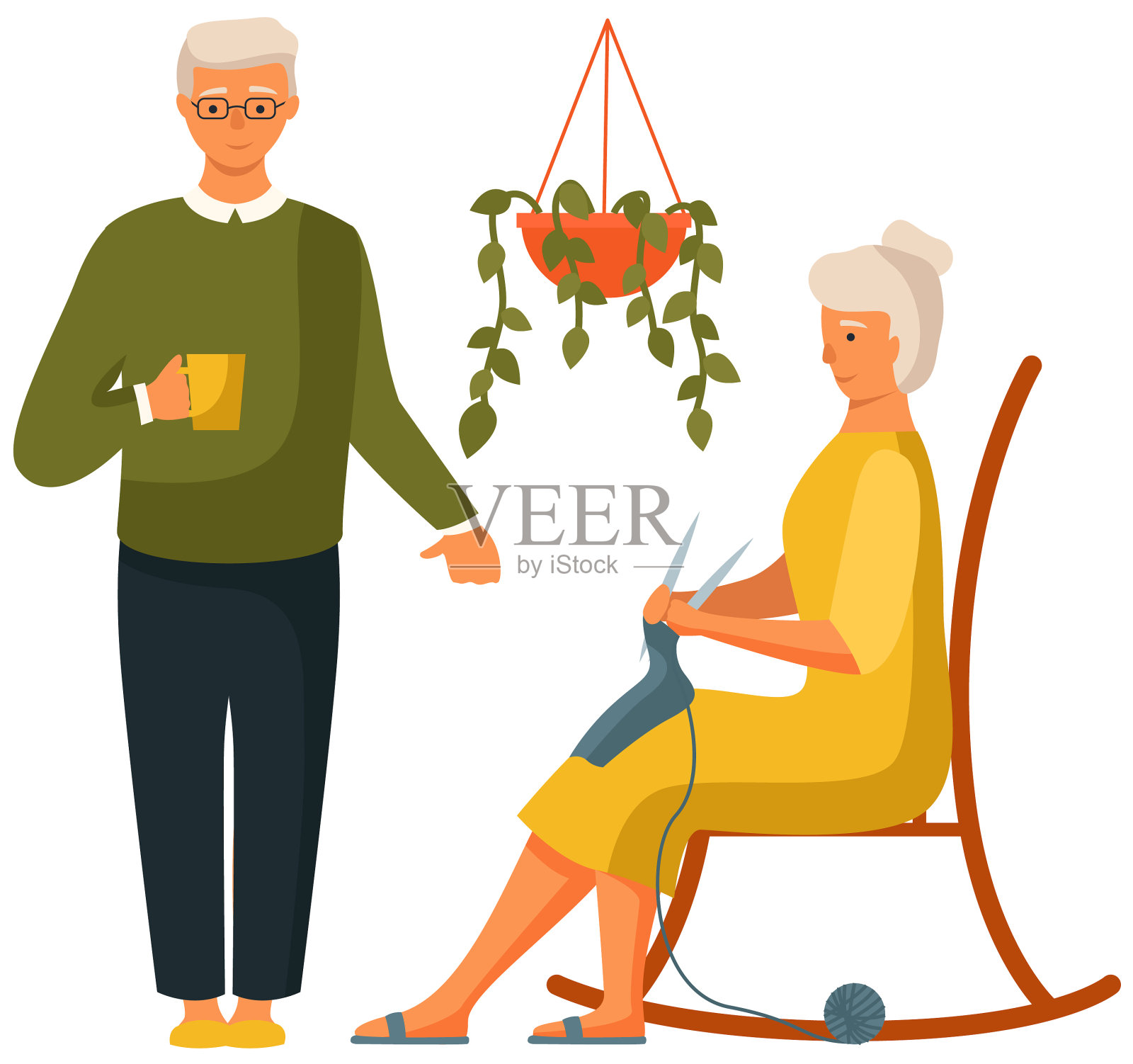 老两口男人拿着杯子，女人在织毛衣设计元素图片