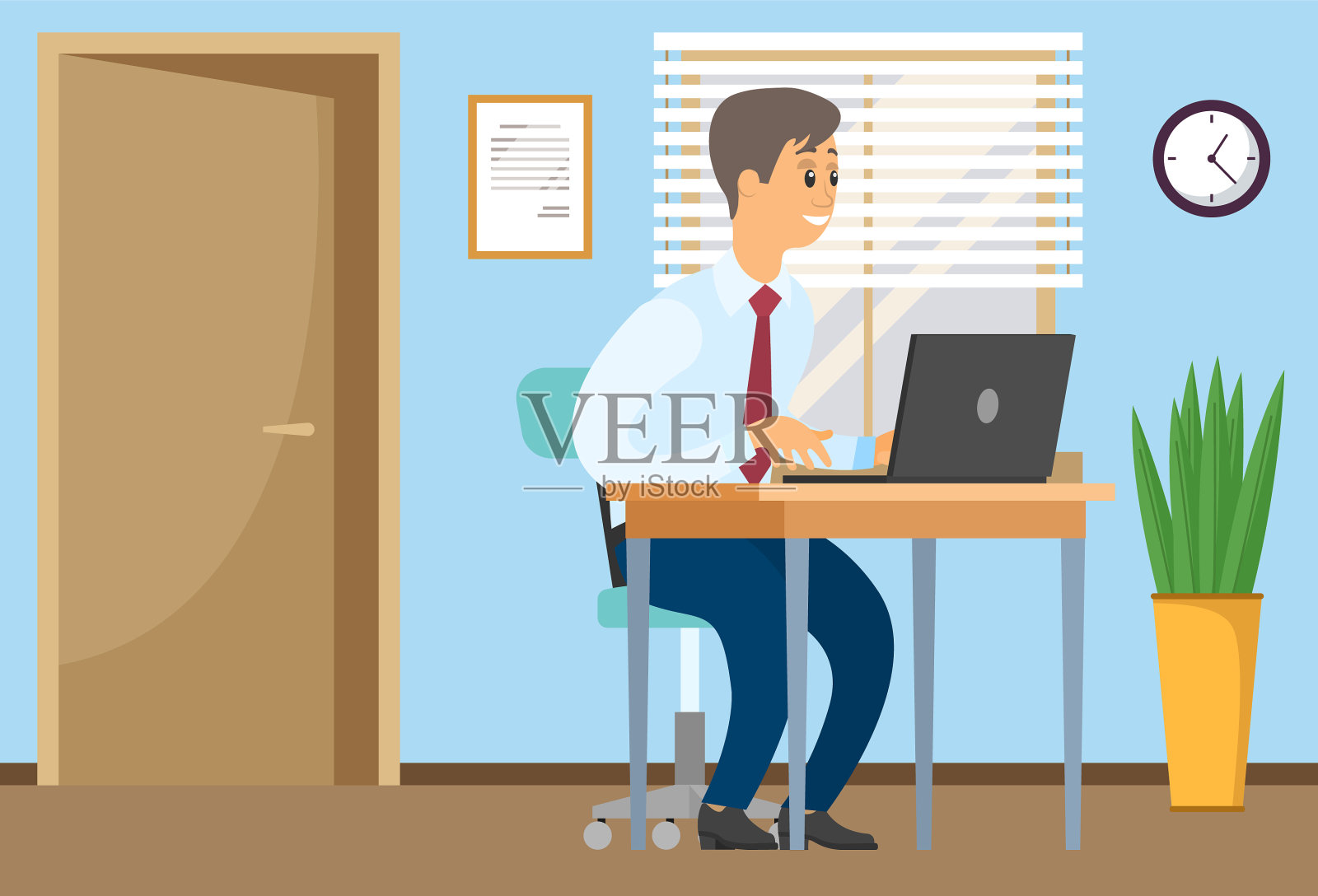 一个商人坐在电脑前工作插画图片素材