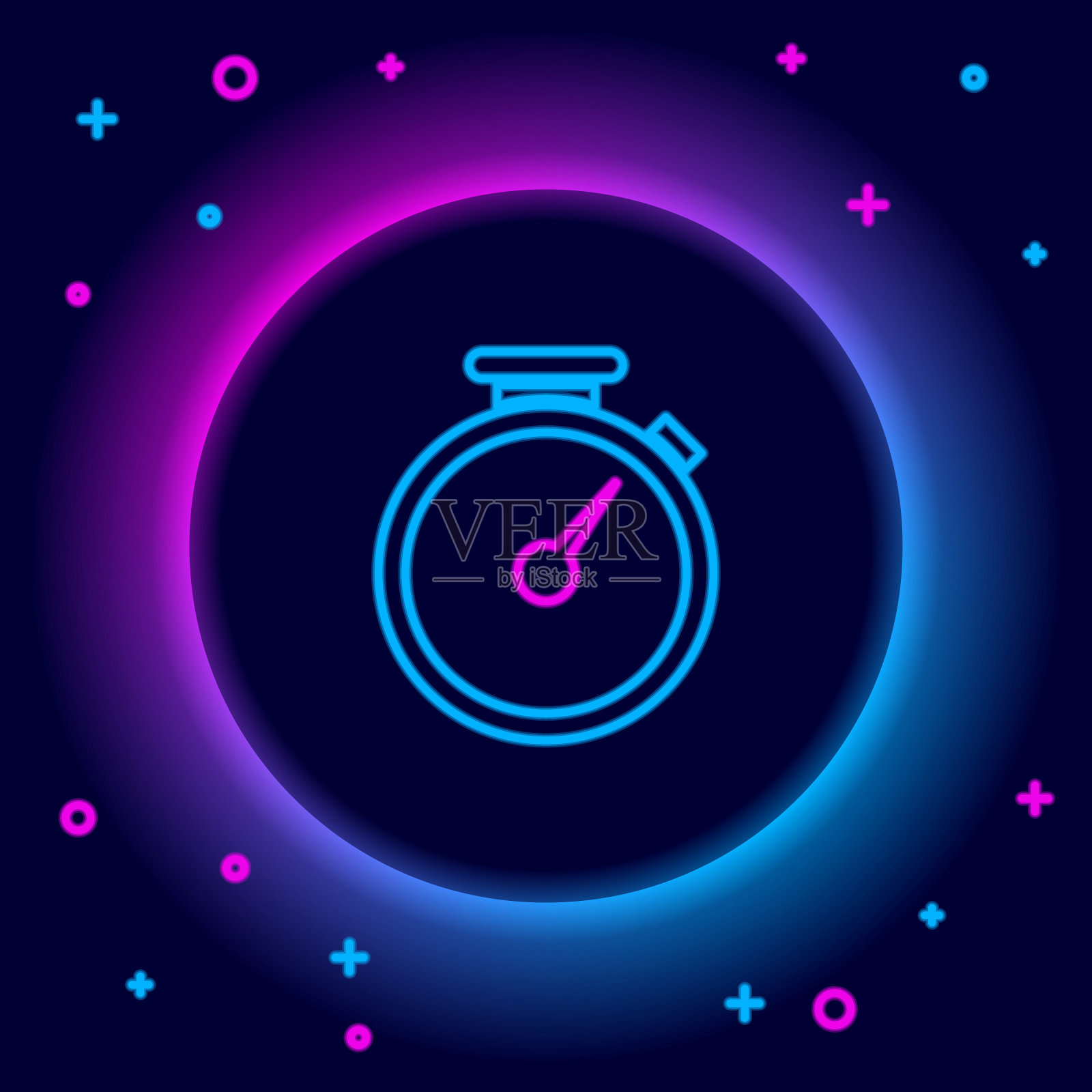 发光的霓虹灯线条：秒表图标，黑色背景。计时器标志。彩色轮廓概念。矢量图图标素材