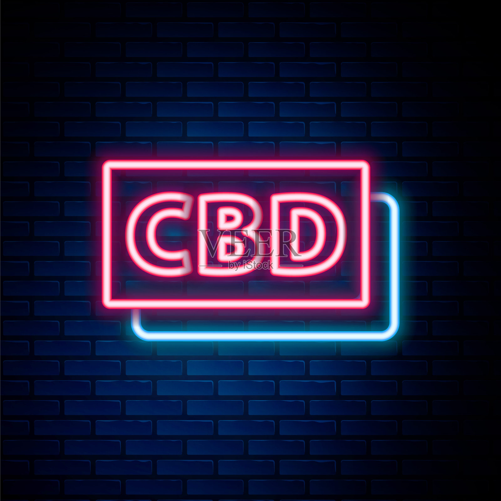 在砖墙背景上孤立的大麻分子图标。大麻二酚分子结构，四氢大麻酚和CBD的配方。大麻的迹象。色彩斑斓的轮廓的概念。向量插画图片素材