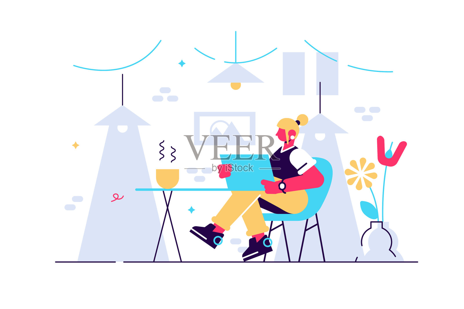 可爱的年轻女子坐在舒适的椅子上设计元素图片