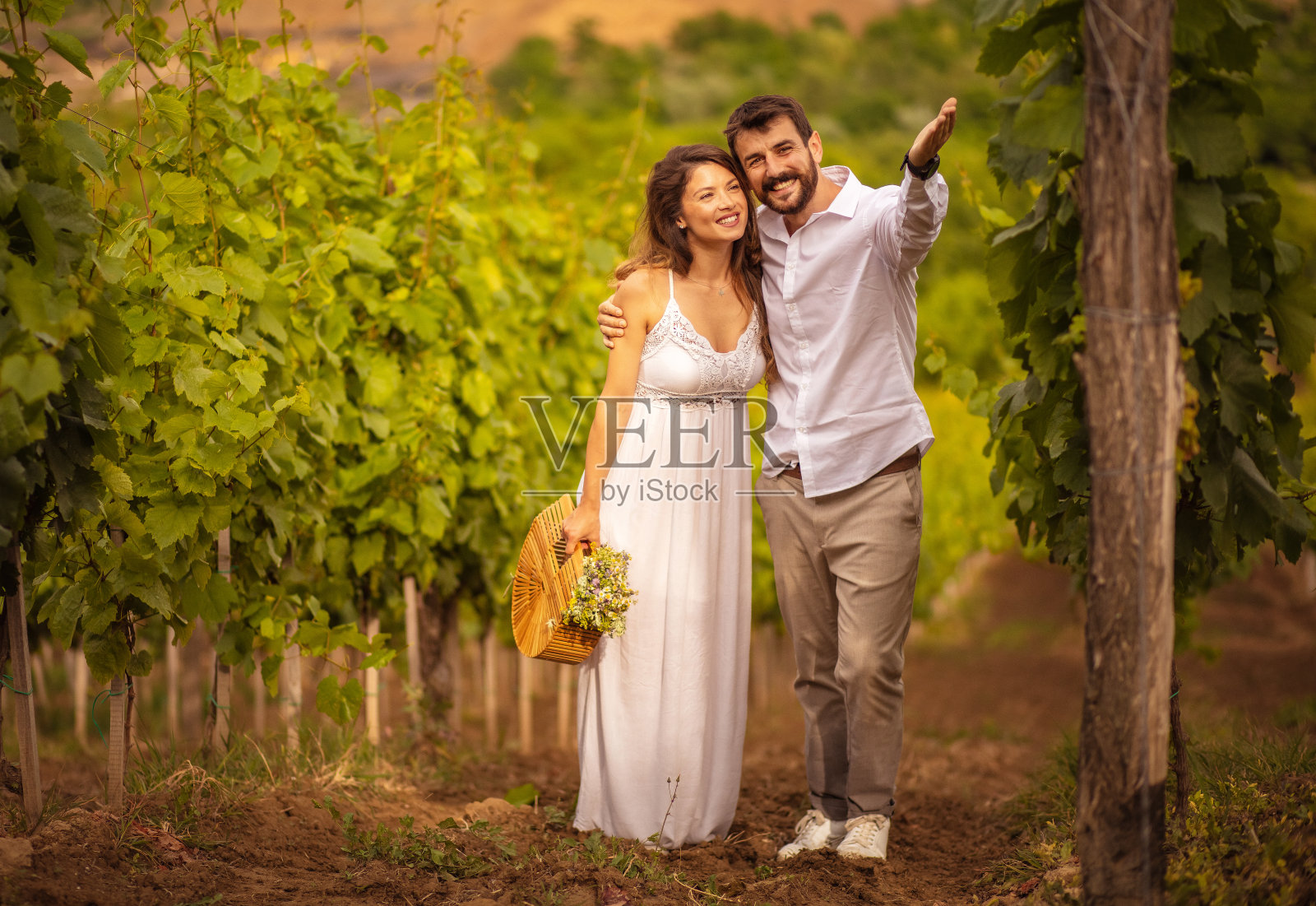 一对夫妇站在葡萄园里聊天。一对夫妇在葡萄园里聊天。照片摄影图片