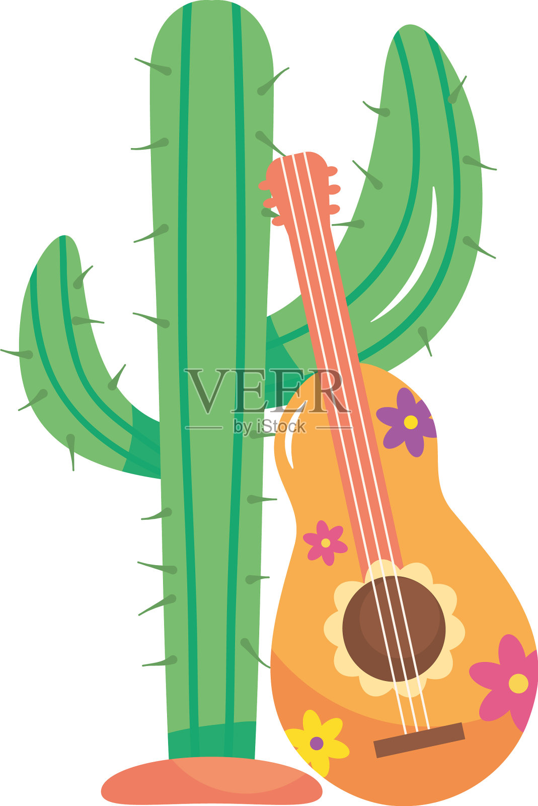 仙人掌和花卉吉他图标的扁平风格设计元素图片
