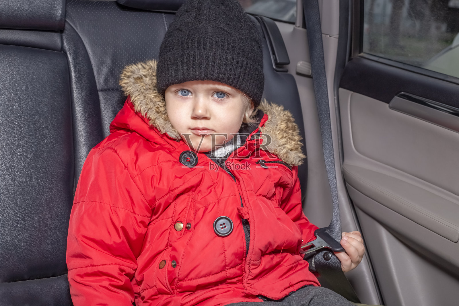 用汽车运送小孩子。一名身穿红色夹克的男孩坐在一辆没有儿童安全带的汽车的乘客车厢里，手里拿着安全带照片摄影图片