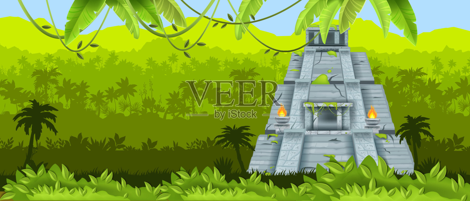 玛雅向量金字塔，阿兹特克古庙，墨西哥丛林景观，雨林剪影，火，藤本植物。插画图片素材