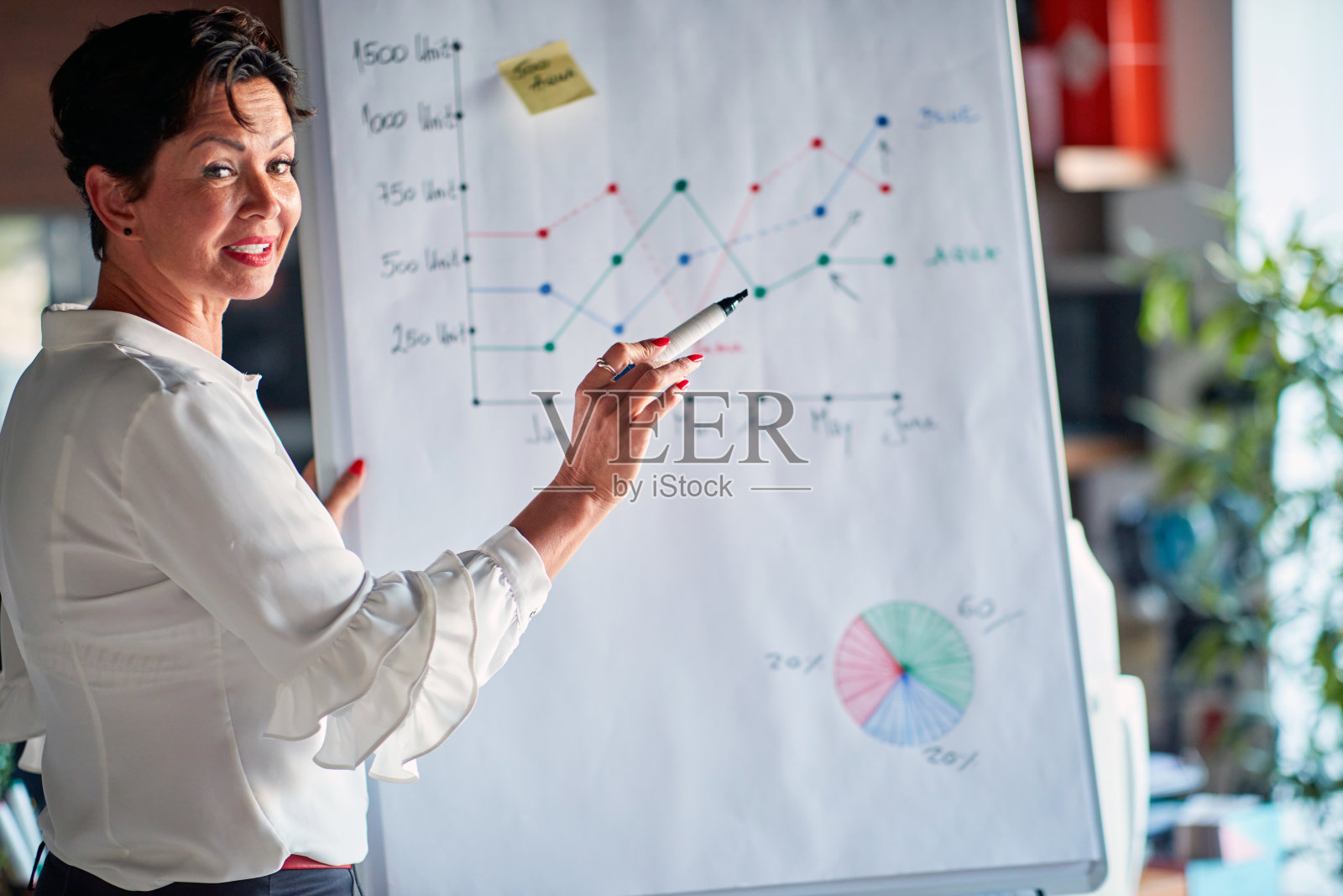 在工作场所举行演讲的女商人。商业、办公、工作照片摄影图片