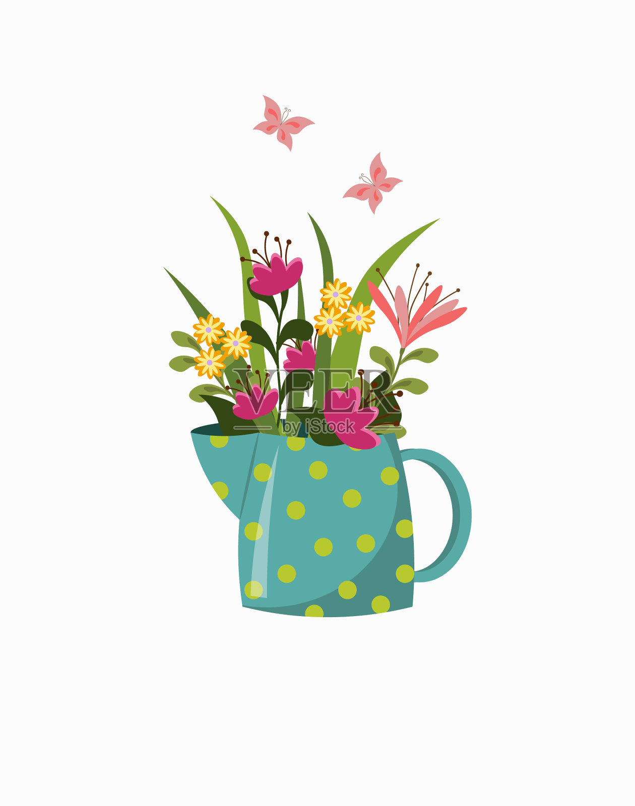 一壶不同的花和蝴蝶插画图片素材