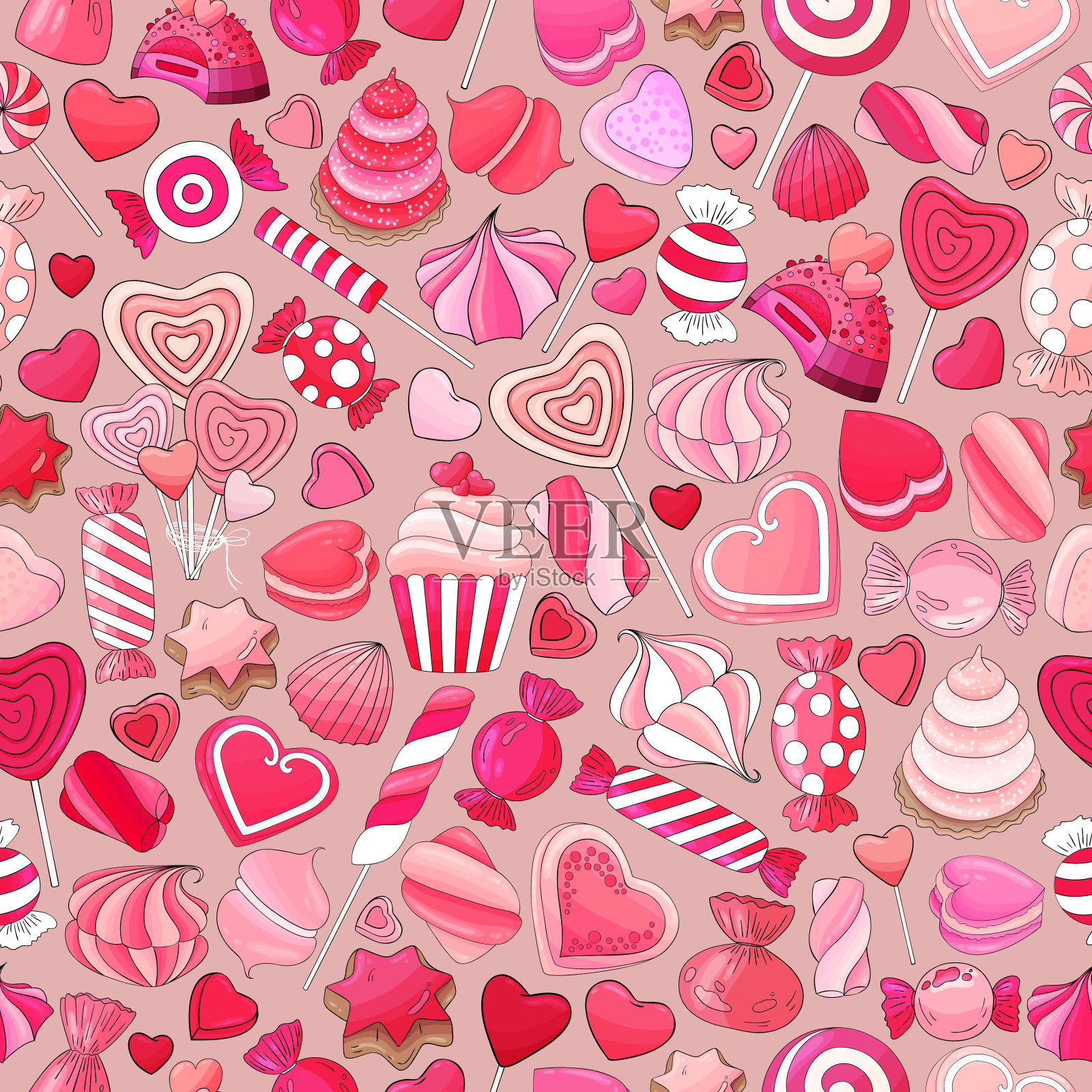 糖果和美味的图案。糖果收集印刷。情人节糖果背景。糖果，饼干，纸杯蛋糕，粉色心形甜点，棉花糖。手绘情人节美味。插画图片素材