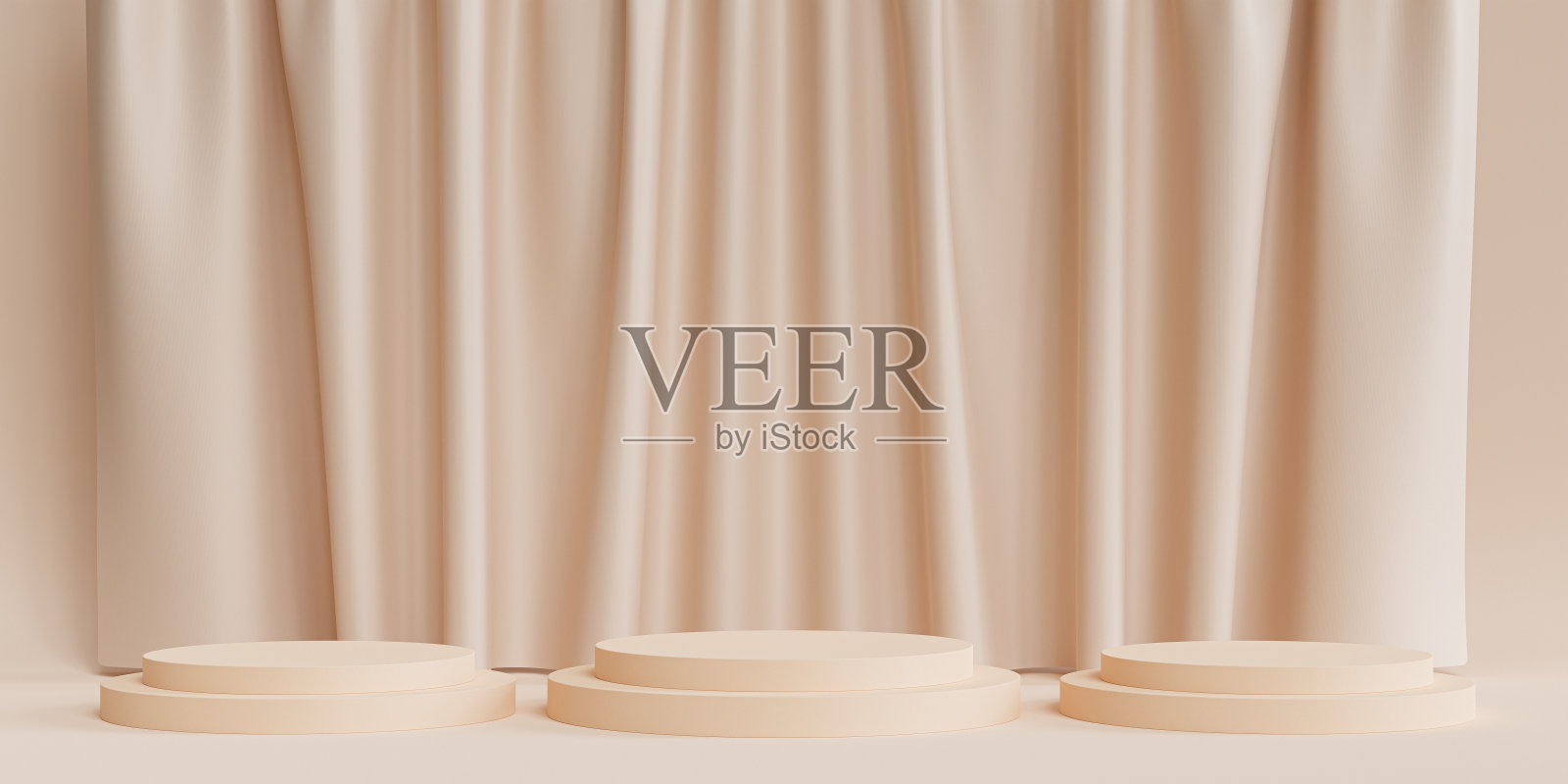 舞台或基座的产品或广告在中性米色背景与窗帘，最小的3d插图渲染照片摄影图片