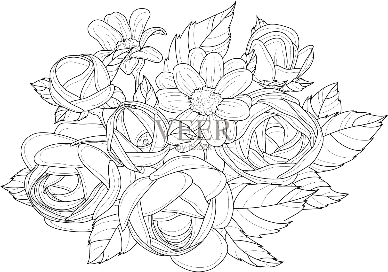 逼真的玫瑰和雏菊花束素描插画图片素材