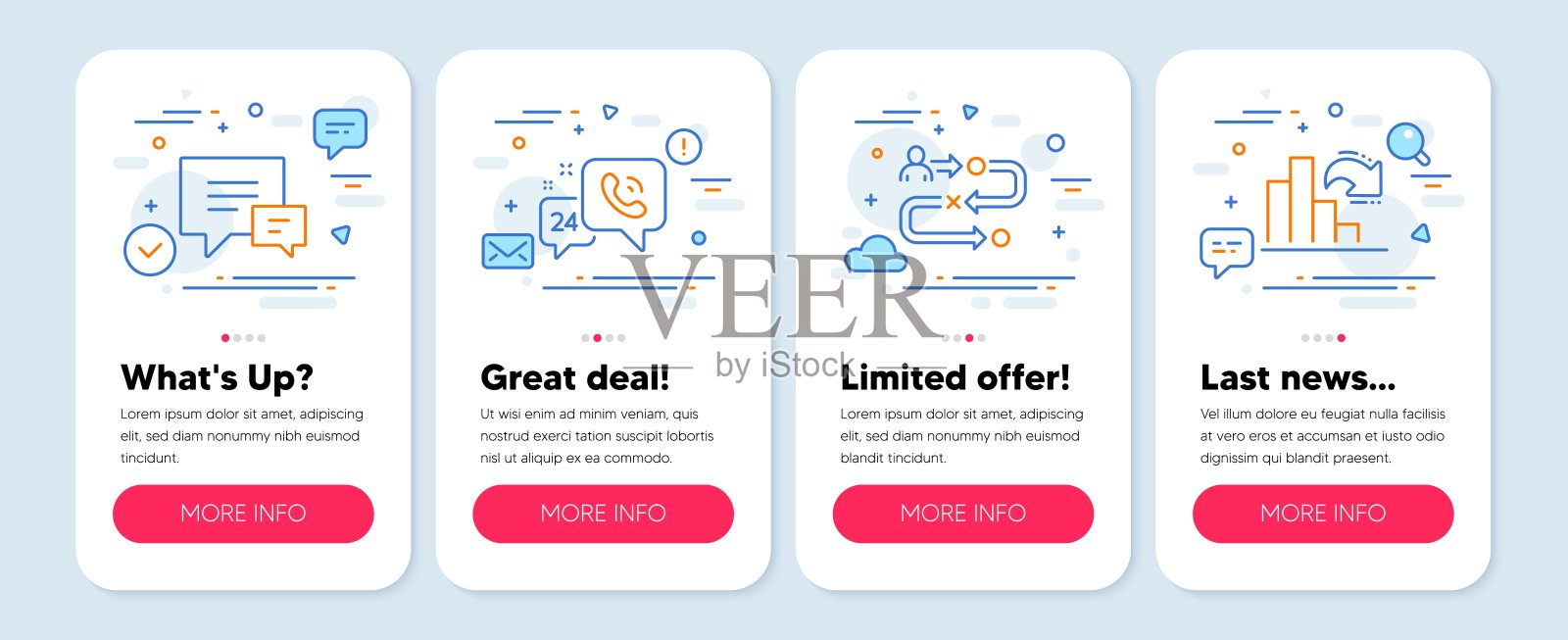 一组技术图标，如评论，24小时服务，旅程路径符号。减少图形线图标。向量插画图片素材