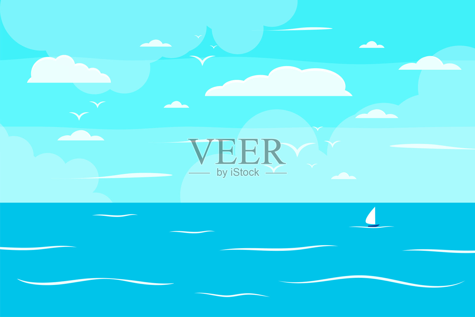 卡通夏日海滩，海滨自然度假，热带海滩，海滨风景背景矢量插图插画图片素材