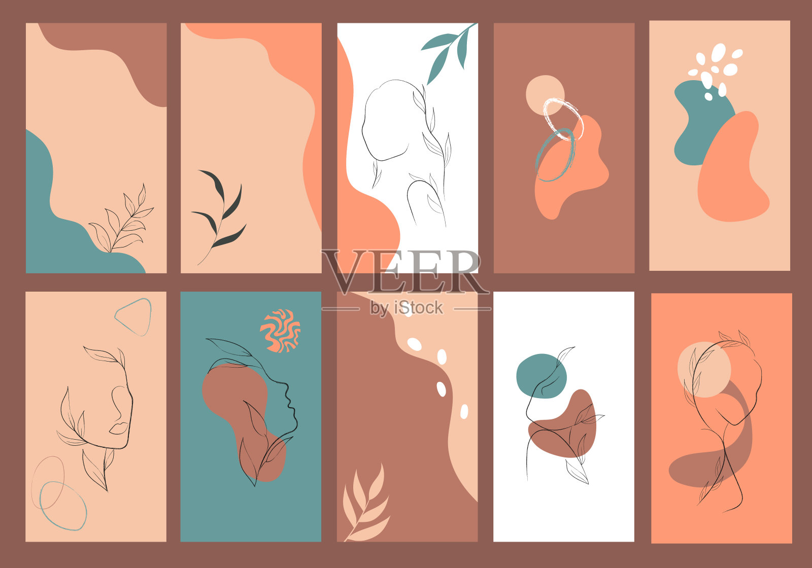 社交媒体模板的抽象形状和线条素描，花在自然，精致的颜色。现代造型和手绘线、花。插画图片素材