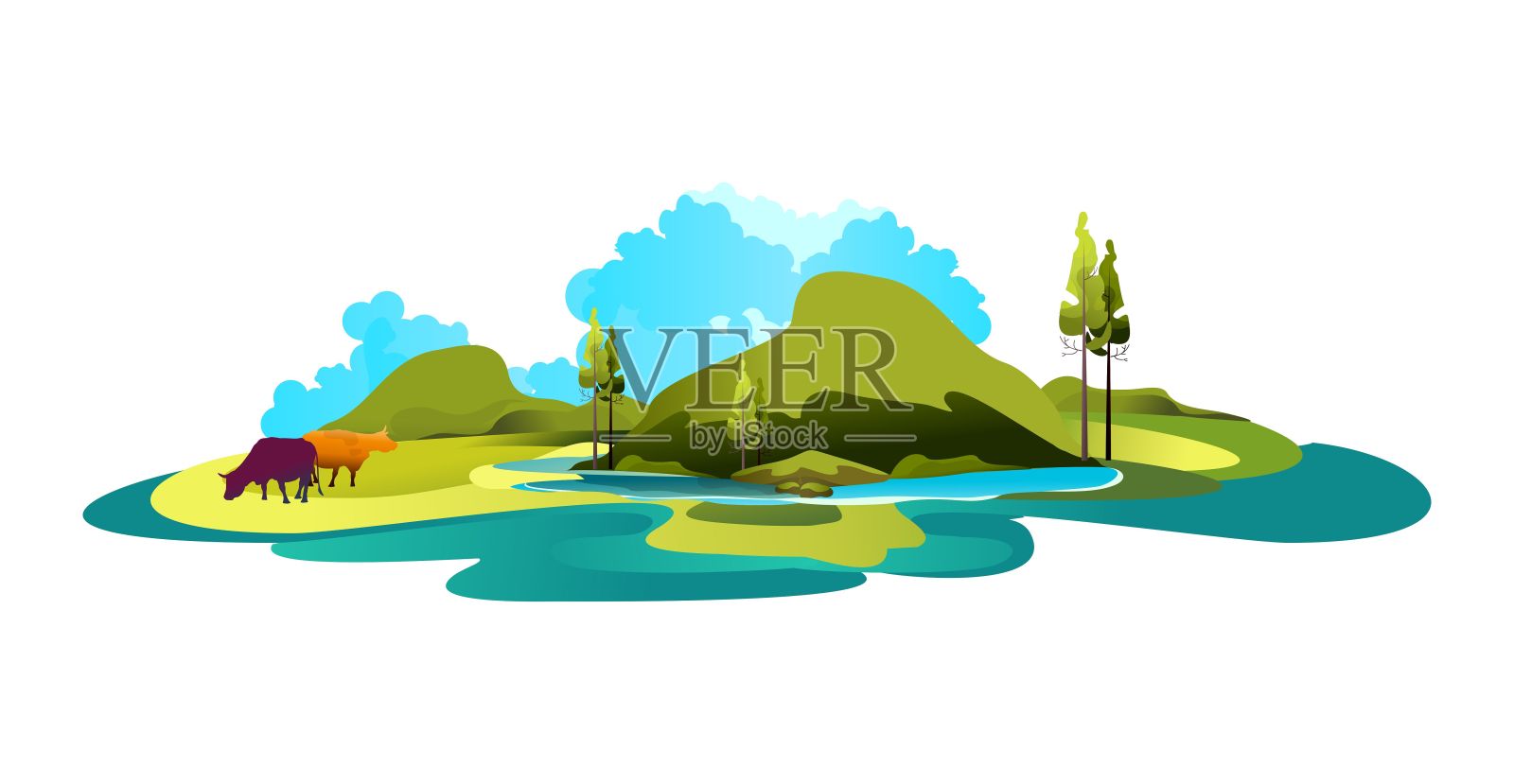 乡村景观夏季生态清洁牧场插画图片素材