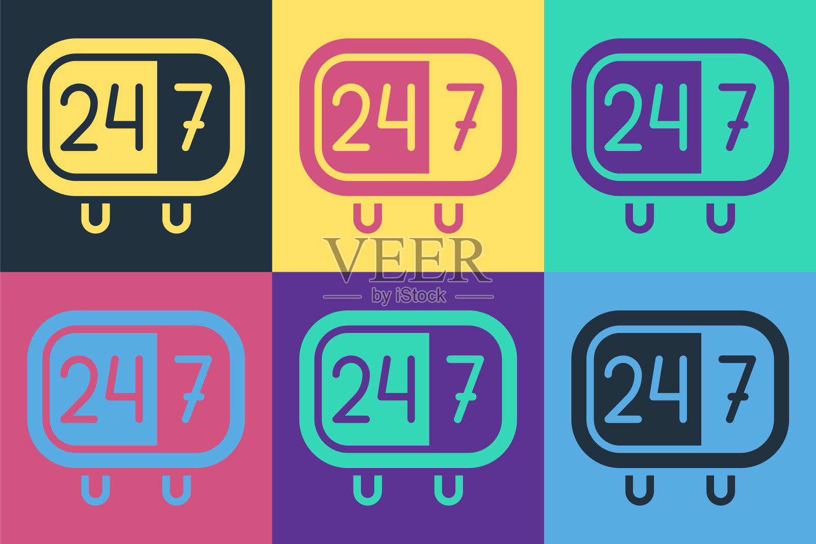 波普艺术时钟24小时图标孤立的颜色背景。全天循环图标。24小时服务标志。向量插画图片素材