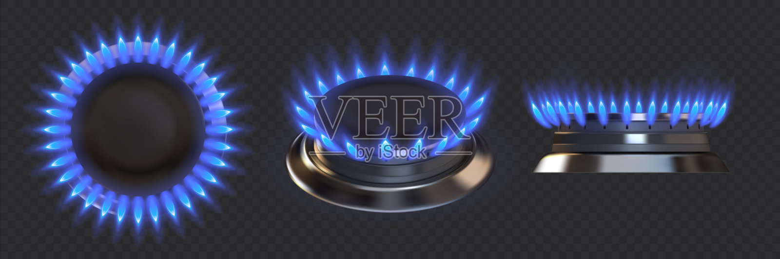 气体燃烧器。逼真的蓝色火炉。烹饪食物用的厨房用具。顶部和侧面的视图燃烧火焰在透明的背景。矢量炉加热丙烷燃料设计元素图片