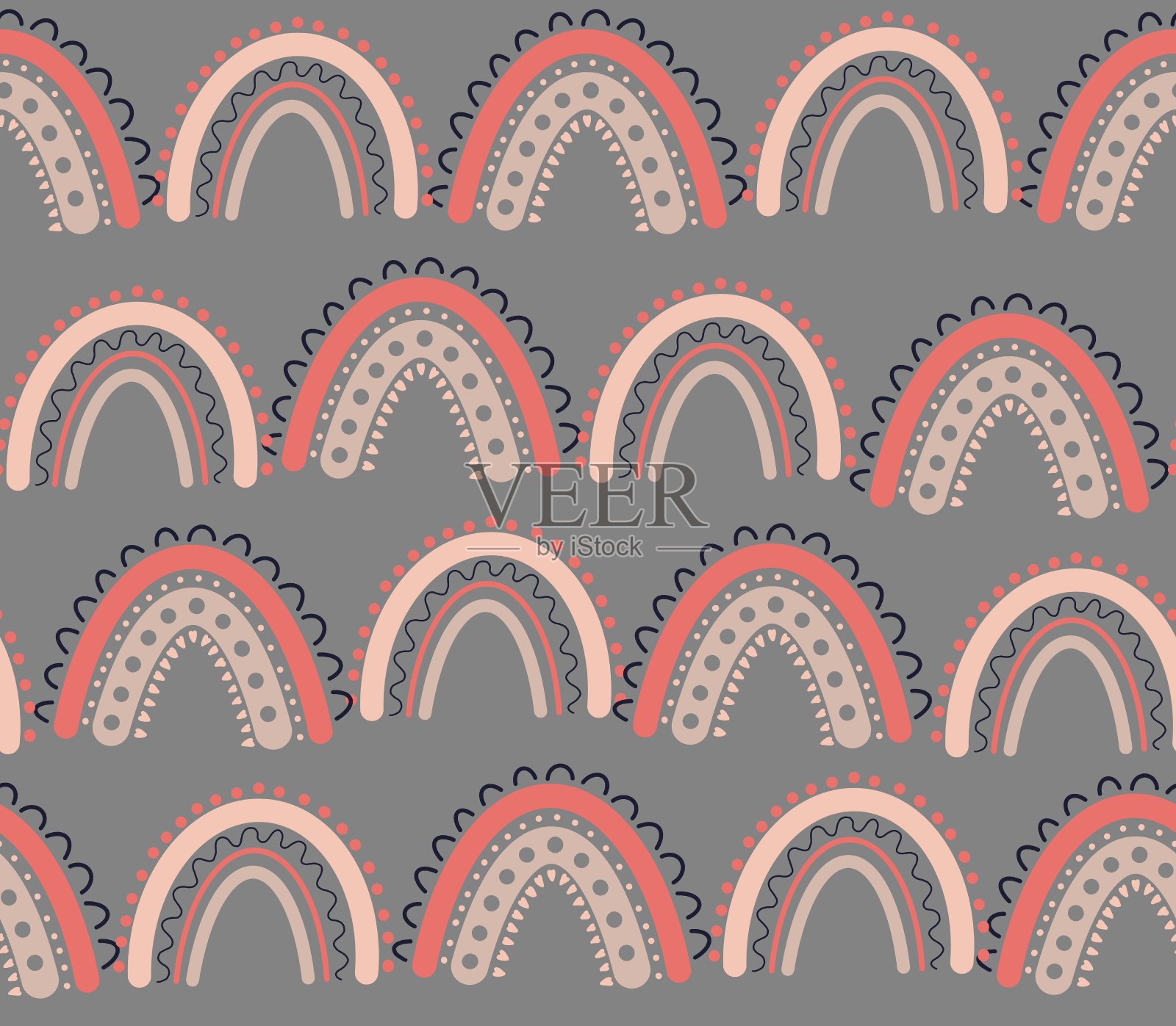 孩子手绘无缝图案与金色彩虹。夏天简约的背景。柔和的颜色适合女孩。斯堪的纳维亚设计。为婴儿设计的打印。孩子的模式插画图片素材