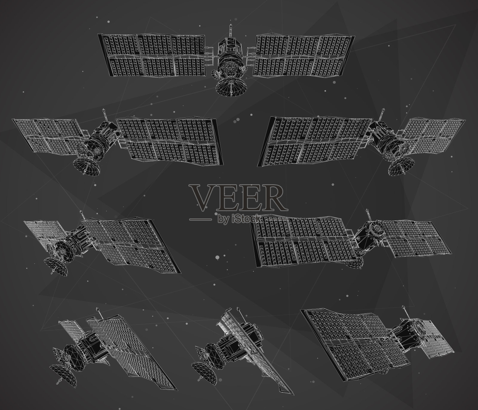 向量集。近地轨道通信卫星。未来的空间技术。插画图片素材