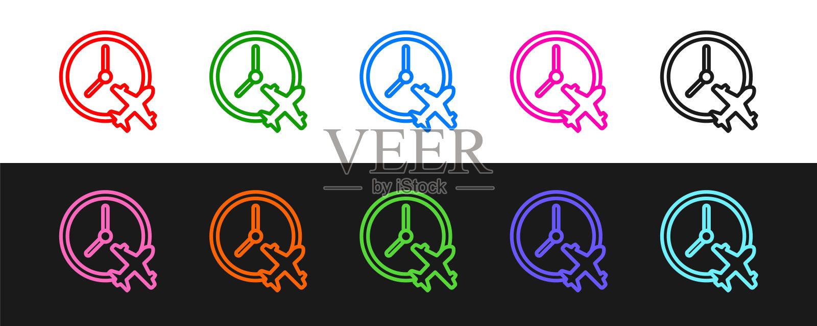 设置线时钟与飞机图标隔离在黑色和白色背景。出发前时间指定、办理登机手续及到达时间符号。向量图标素材