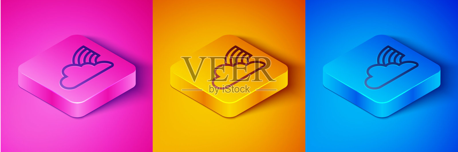 等距线彩虹与云图标孤立在粉红色和橙色，蓝色的背景。方形按钮。向量图标素材