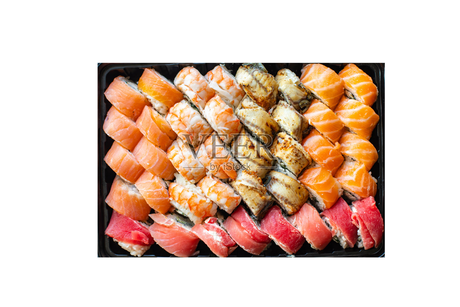 寿司卷海鲜寿司三文鱼、金枪鱼、米饭、紫菜、芥末、芝麻等亚洲美食餐小吃仿太空美食背景乡村俯视图照片摄影图片