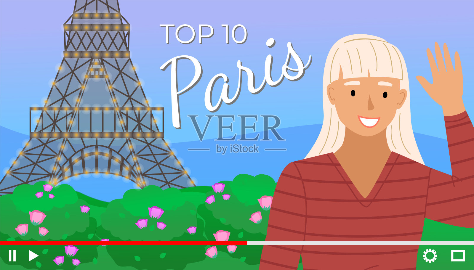 视频播放器界面。一个关于巴黎的金发女孩的采访屏保。旅行的博客插画图片素材
