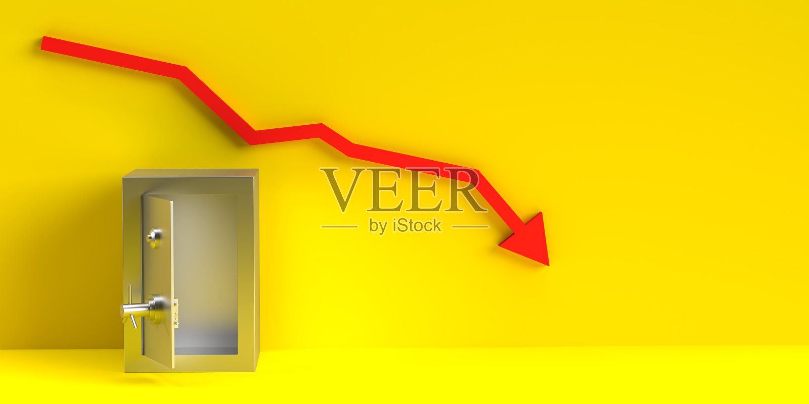 一个打开的空银钢保险箱。跌落的红色财务图表箭头。照片摄影图片