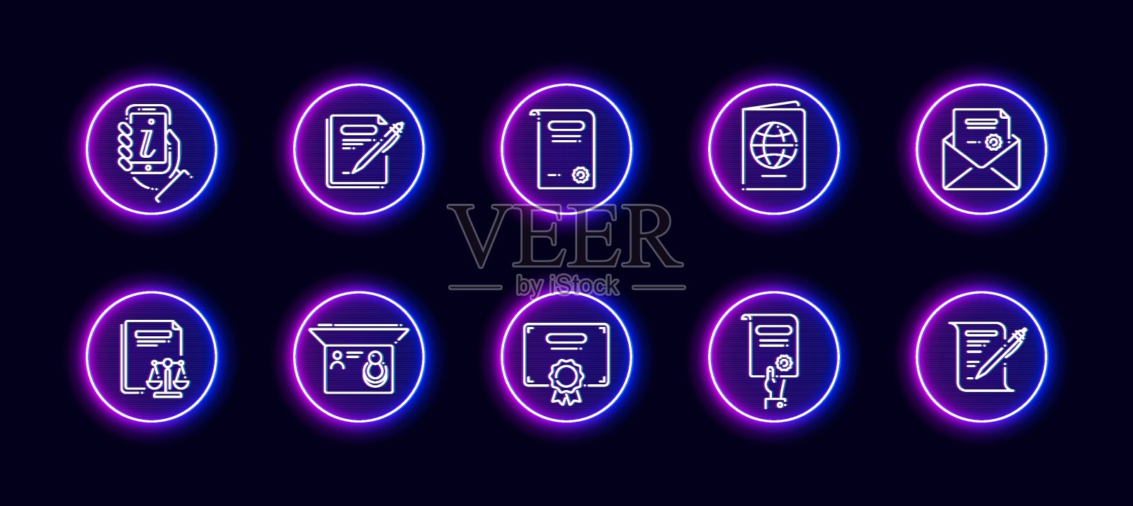 10在1矢量图标设置相关的法律文件主题。霓虹辉光风格的线性艺术矢量图标图标素材