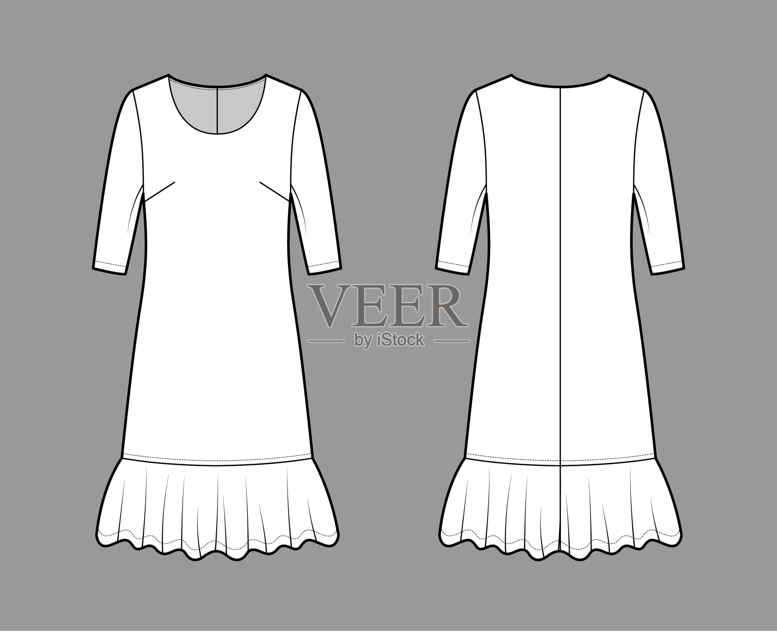 连衣裙低腰技术时尚插图，肘袖，超大的身体，及膝裙，圆领设计元素图片