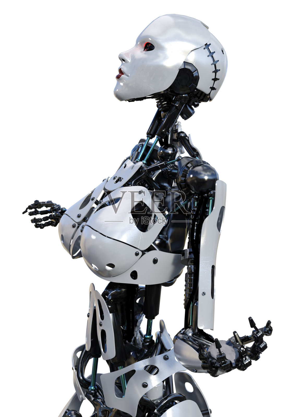 3D插图女性机器人在白色照片摄影图片