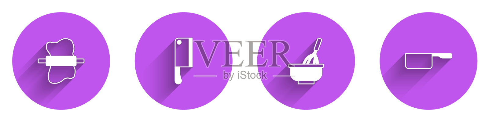 把擀面杖放在面团上，切肉刀，打蛋器，碗和长阴影的炖锅图标。向量图标素材